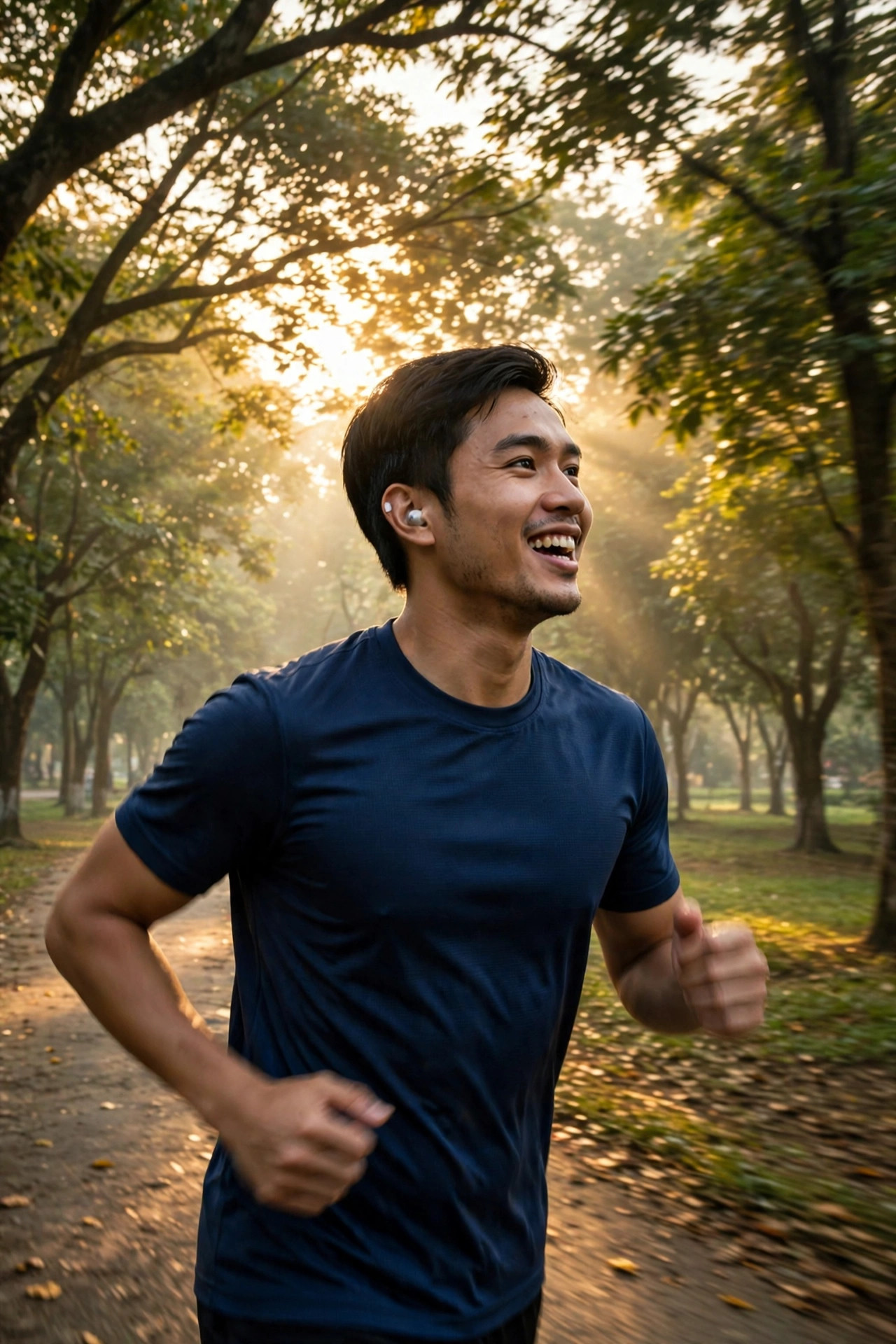 Người đi làm đeo tai nghe khi chạy bộ buổi sáng