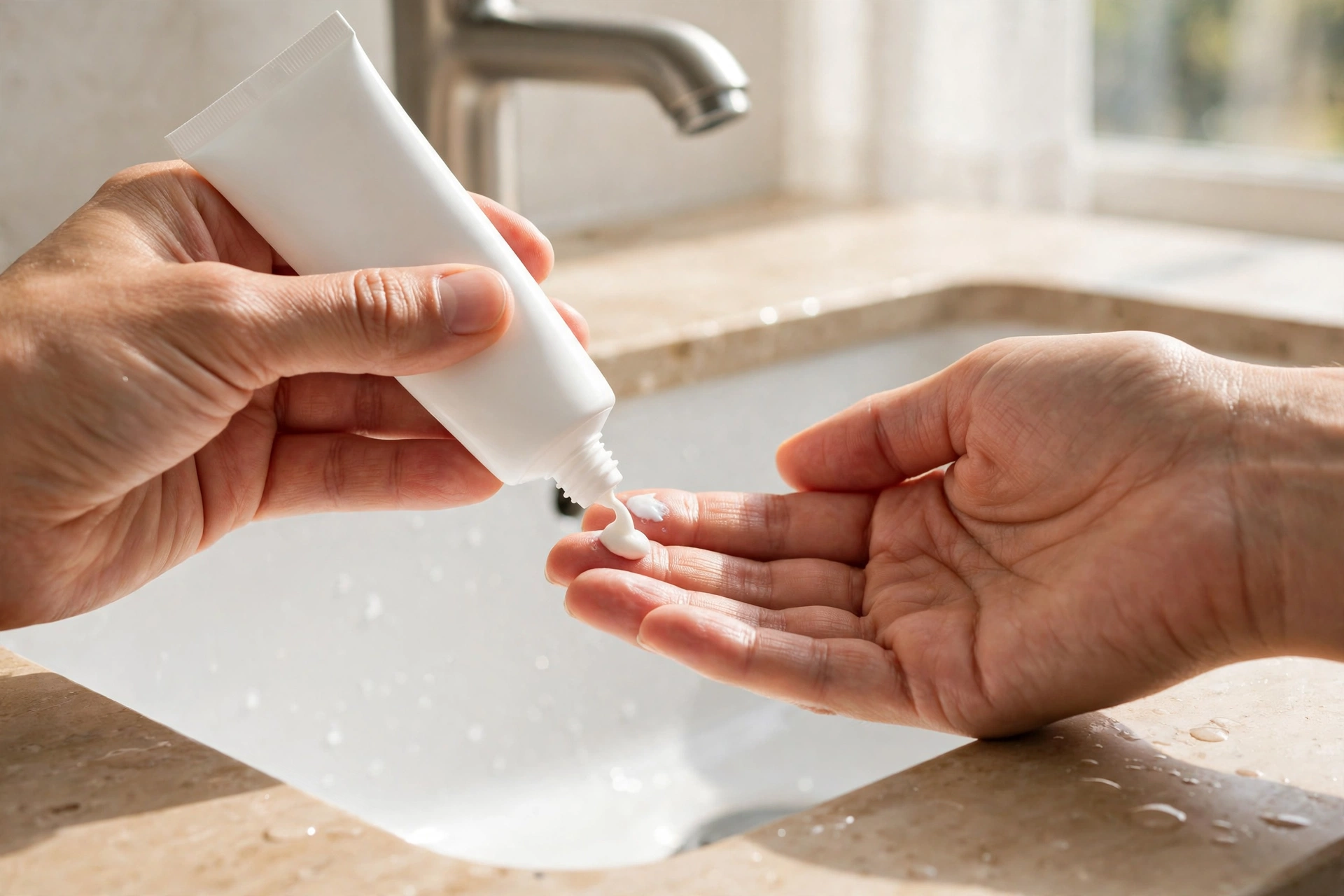 Bàn tay bóp một lượng kem chống nắng trắng ra đầu ngón tay trên bồn rửa mặt buổi sáng