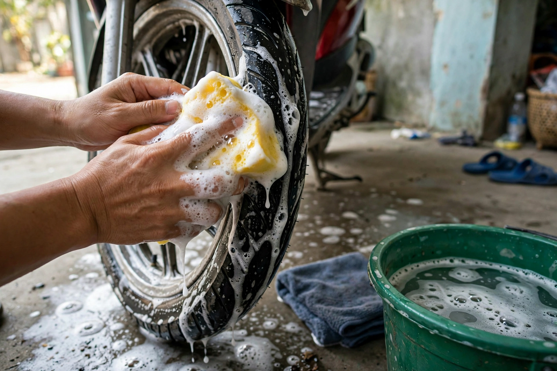 Chà rửa bánh xe máy bằng bọt xà phòng tại tiệm rửa xe tại nhà