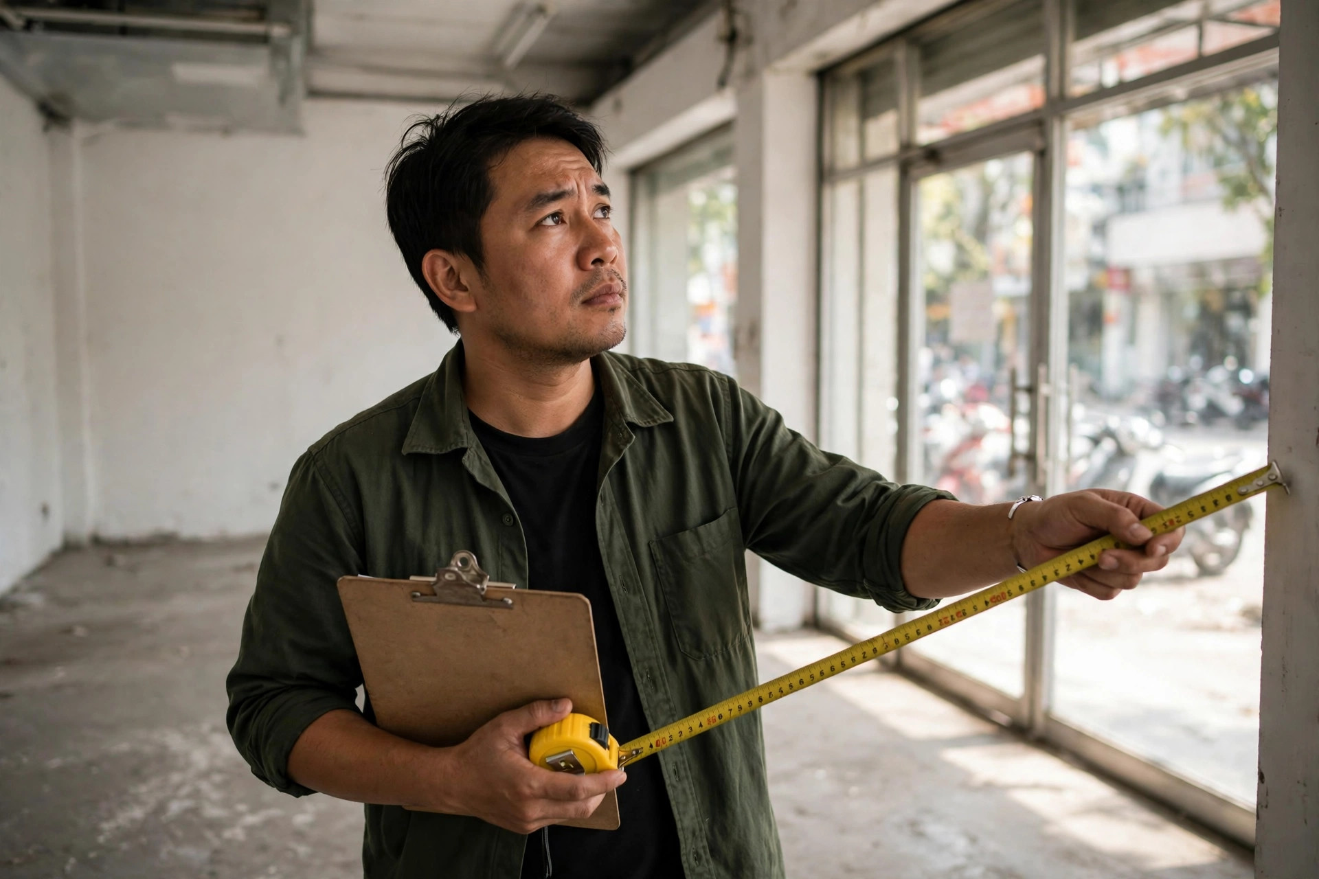 Chủ quán tự đo đạc và đánh giá mặt bằng trống trước khi thuê