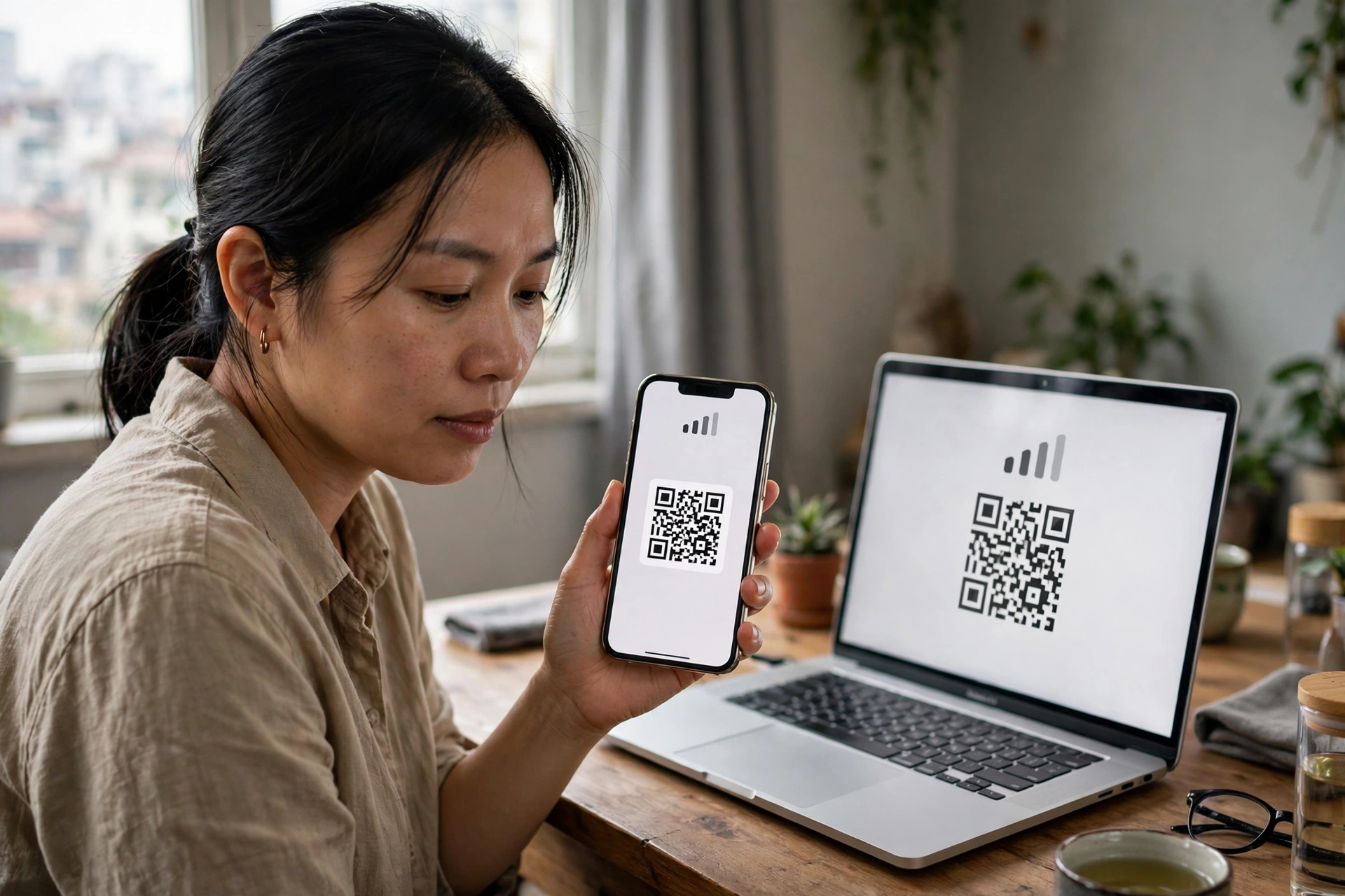 Người dùng đang xem mã QR kích hoạt eSIM trên điện thoại và máy tính