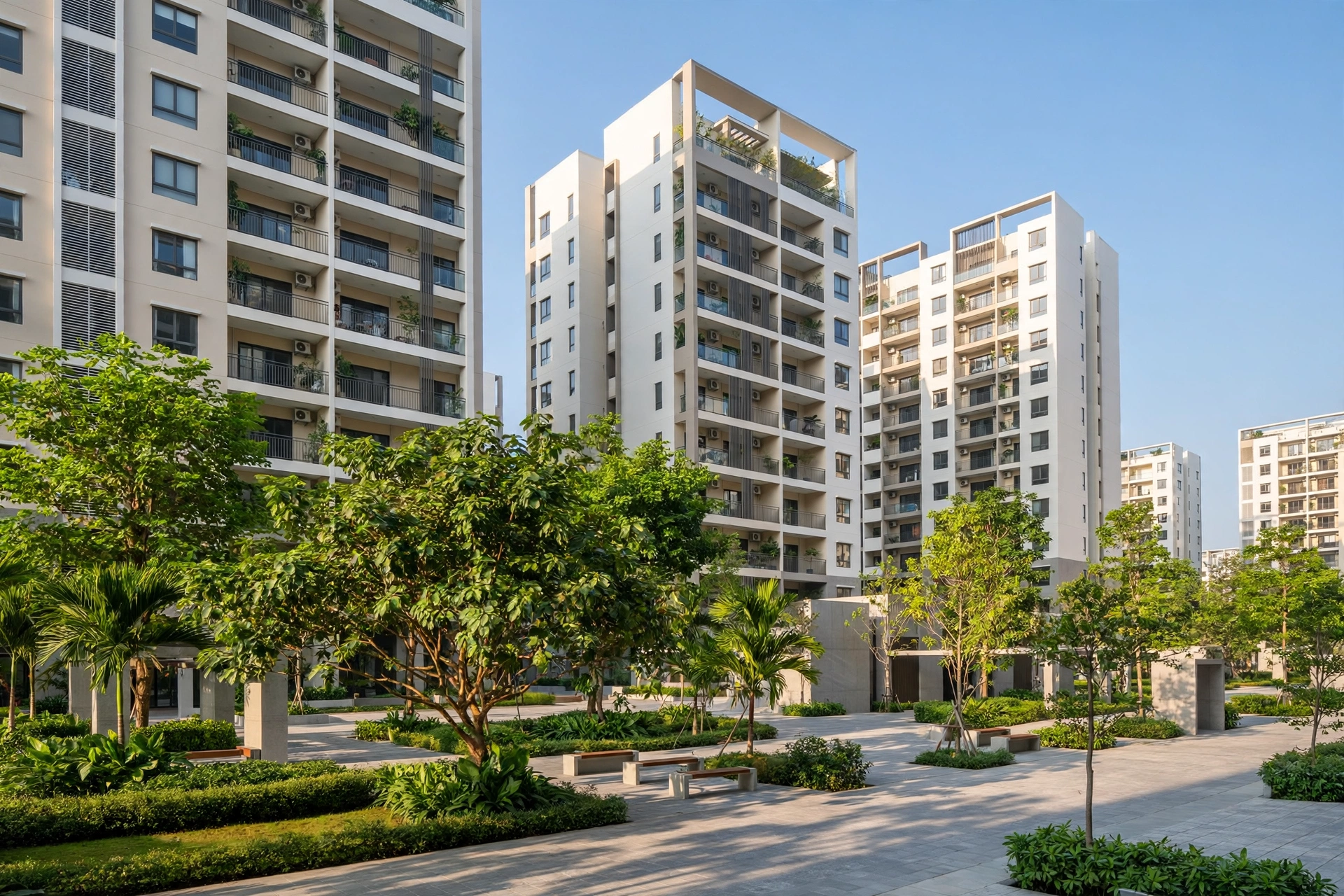 Khu căn hộ chung cư hiện đại buổi sáng