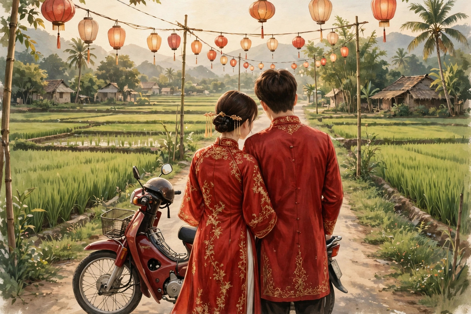 Cặp đôi trong trang phục áo dài cưới đỏ nhìn từ phía sau, đứng cạnh xe máy trên con đường làng quê Việt Nam với ruộng lúa và đèn lồng