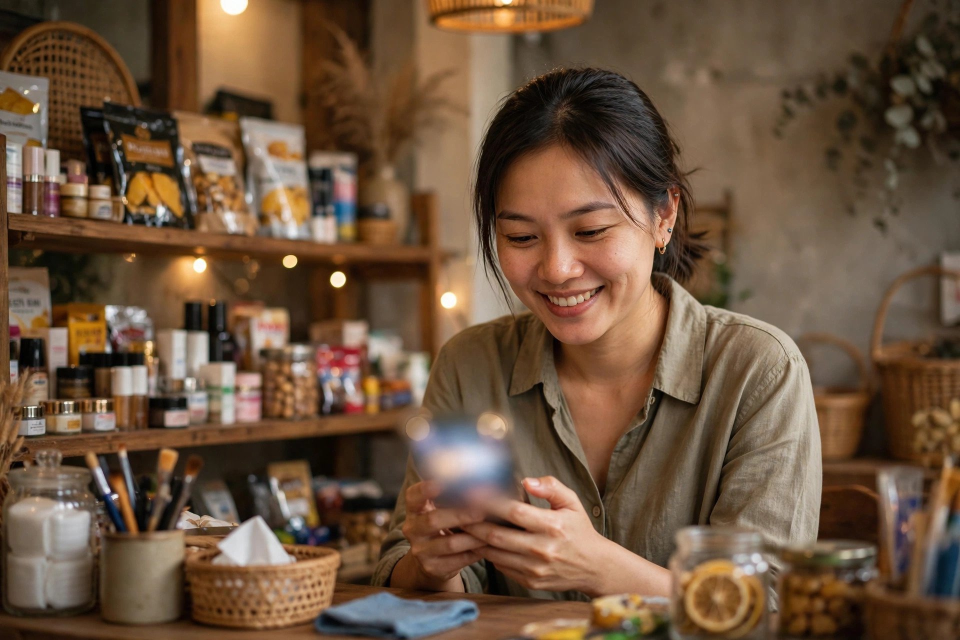 Chủ shop trả lời tin nhắn khách hàng trên điện thoại