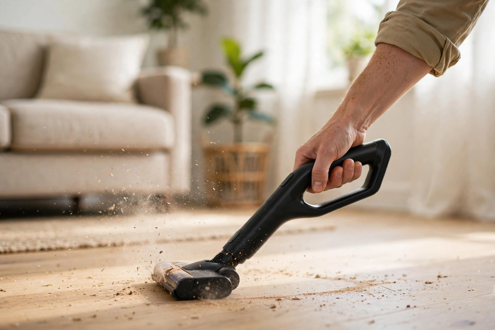 Tay cầm máy hút bụi không dây làm sạch sàn gỗ phòng khách