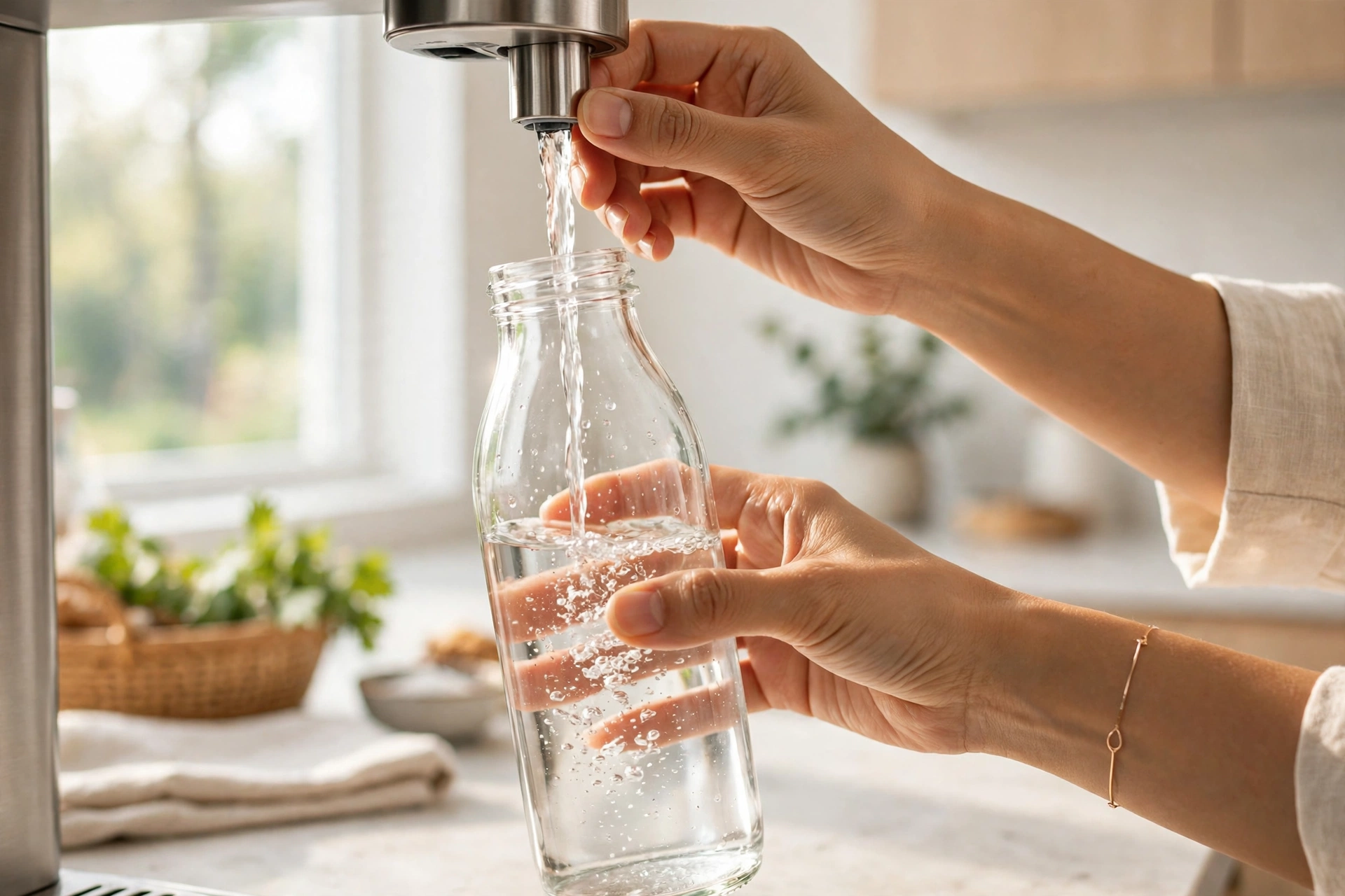 Rót nước lọc từ máy lọc nước vào bình thủy tinh trong bếp