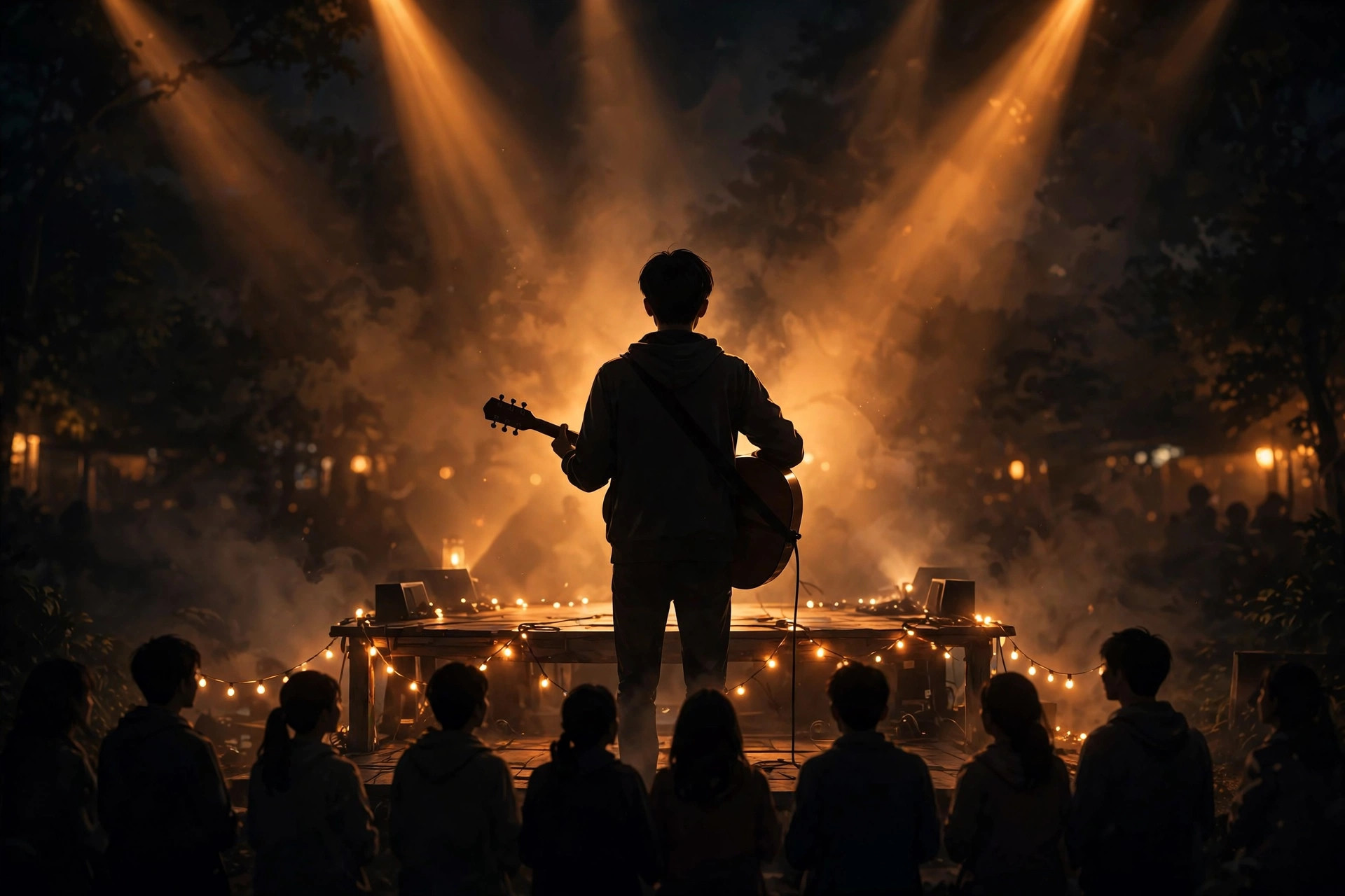 Hình bóng nam ca sĩ trẻ ôm đàn guitar trên sân khấu nhỏ ngoài trời lúc ban đêm dưới ánh đèn sân khấu
