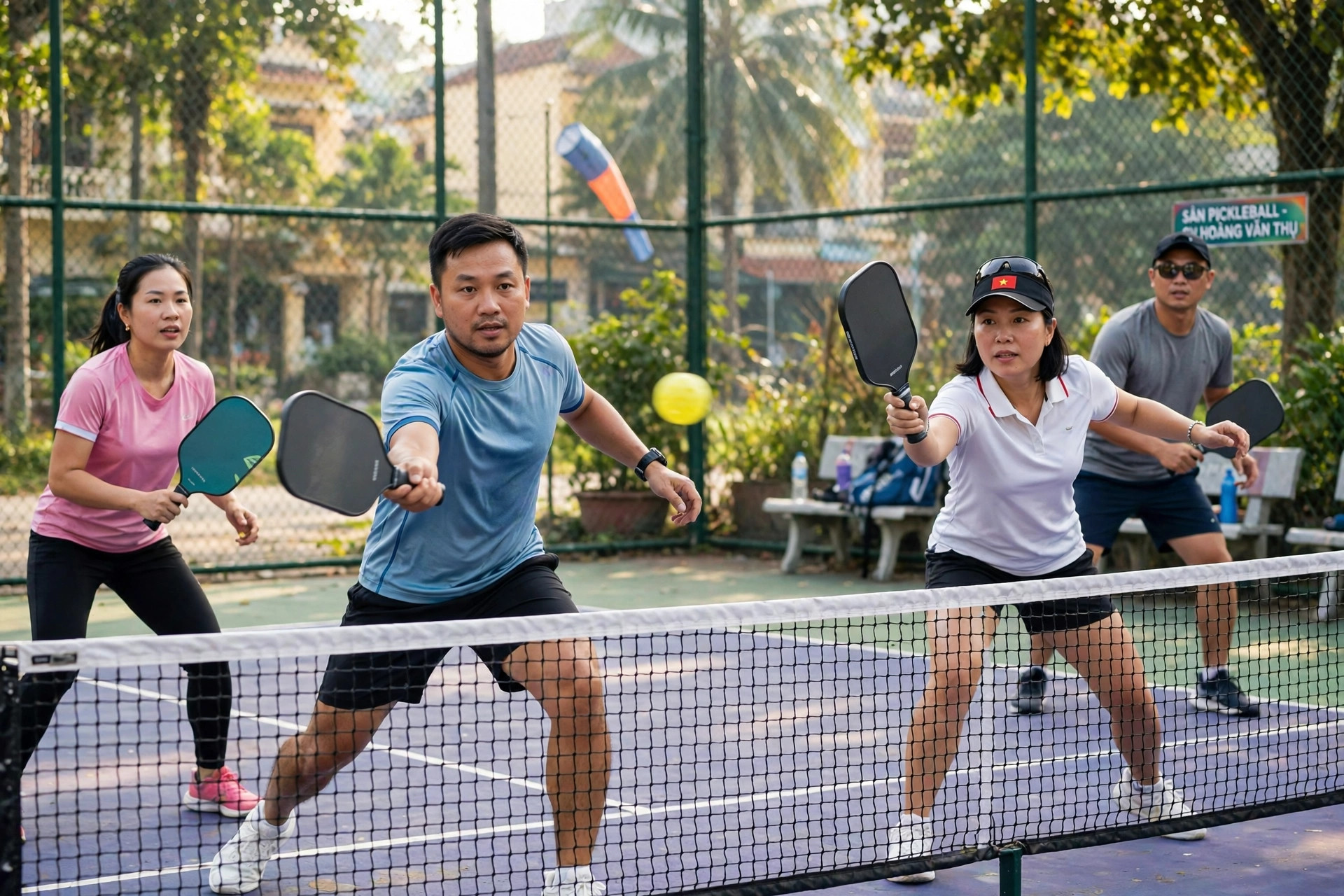 Nhóm người Việt chơi pickleball đôi trên sân ngoài trời