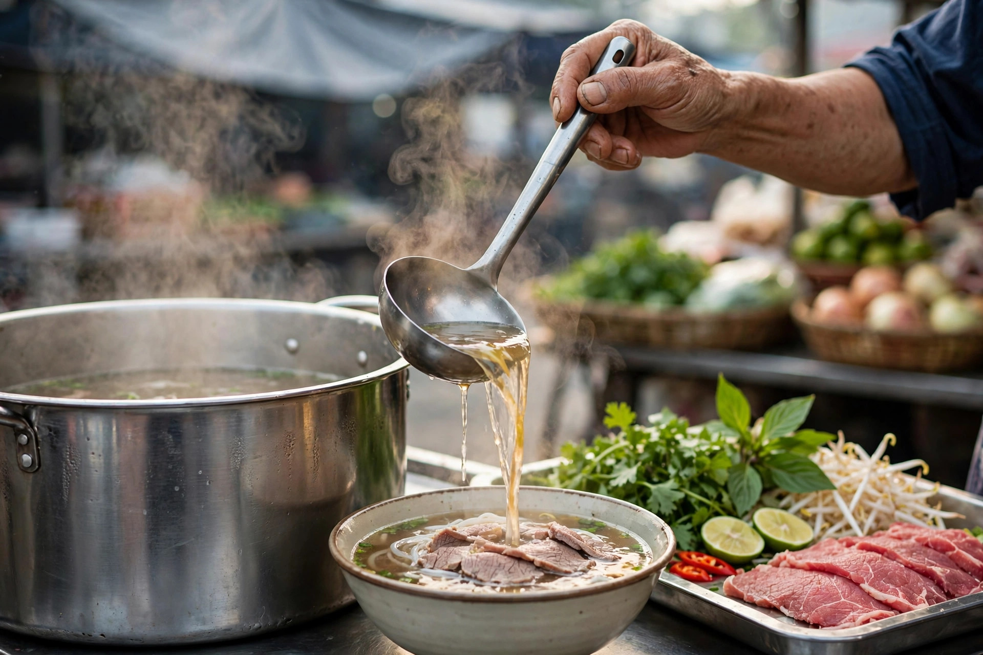 Người bán chan nước dùng phở nóng vào tô buổi sáng