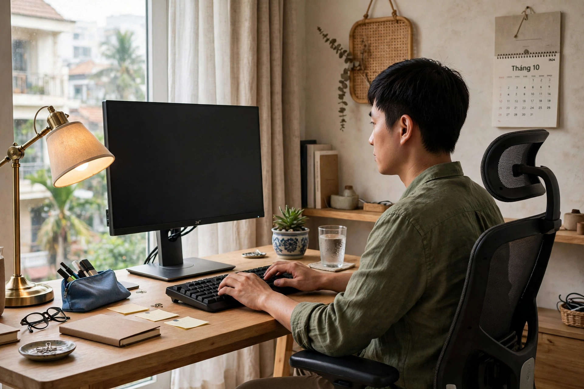 Người làm việc ngồi thẳng lưng trước màn hình đặt ngang tầm mắt, bên cạnh có đèn bàn và ly nước