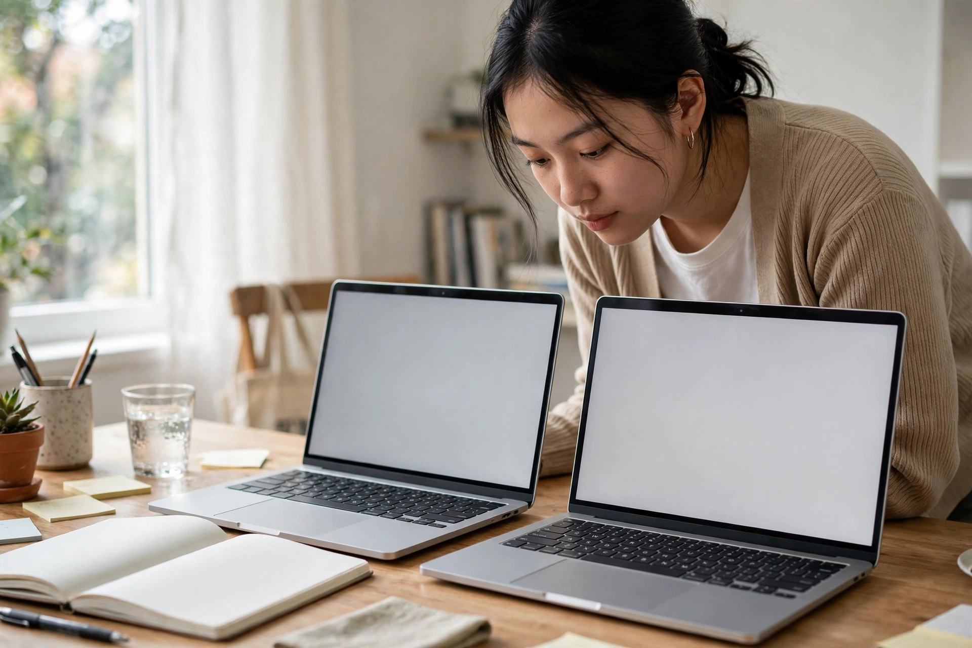 Sinh viên so sánh hai laptop trước khi mua