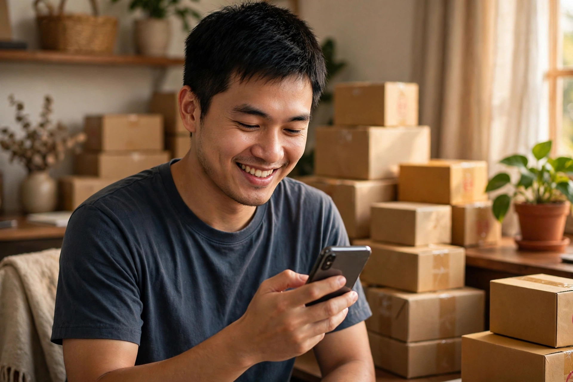 Chủ shop mỉm cười xem điện thoại kiểm tra kết quả quảng cáo, phía sau là các thùng hàng chuẩn bị giao