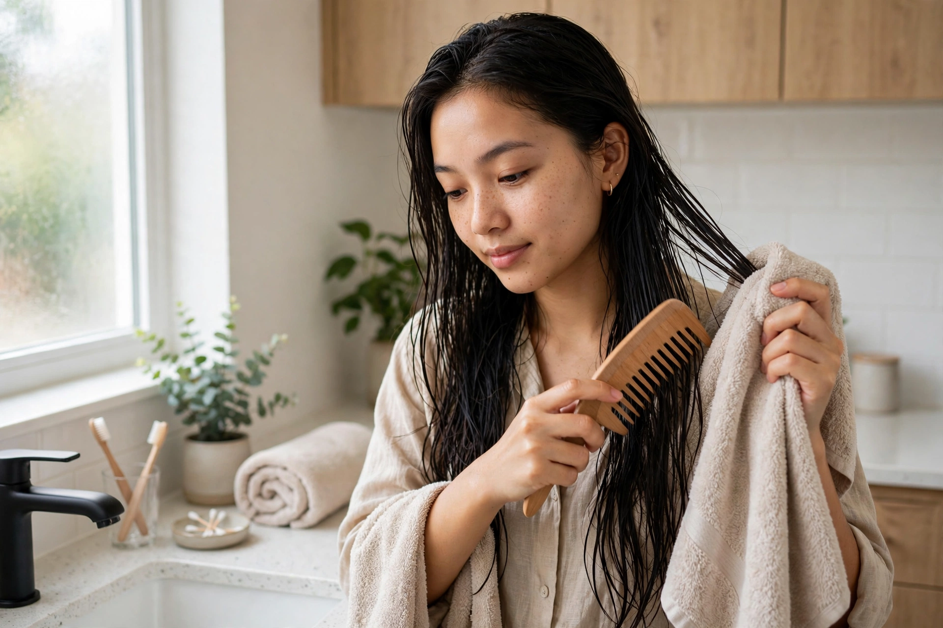 Người mẹ trẻ nhẹ nhàng lau khô và chải tóc bằng lược răng thưa tại nhà