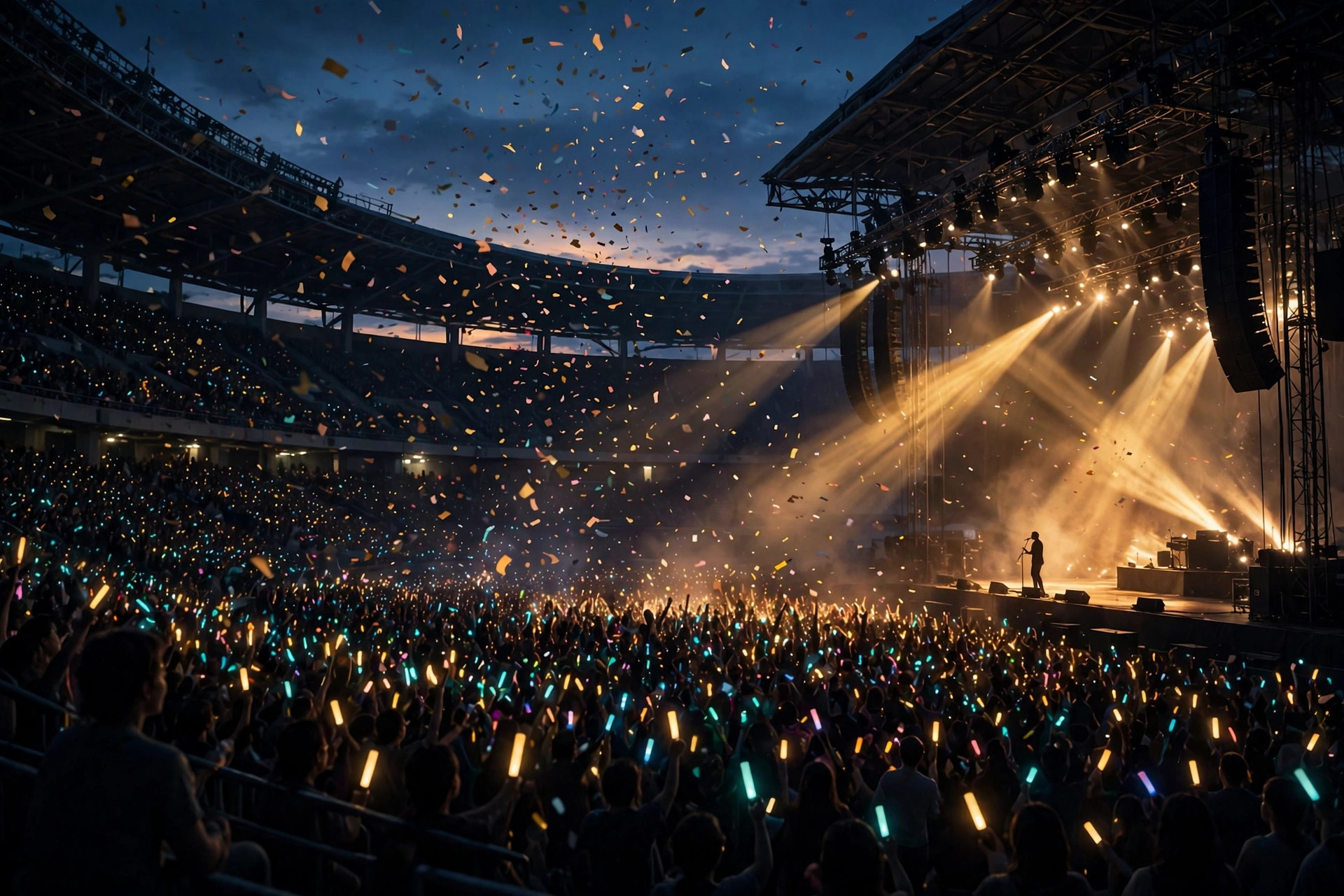 Sân khấu concert trong sân vận động lúc hoàng hôn với chùm đèn vàng, pháo giấy và rừng lightstick của khán giả