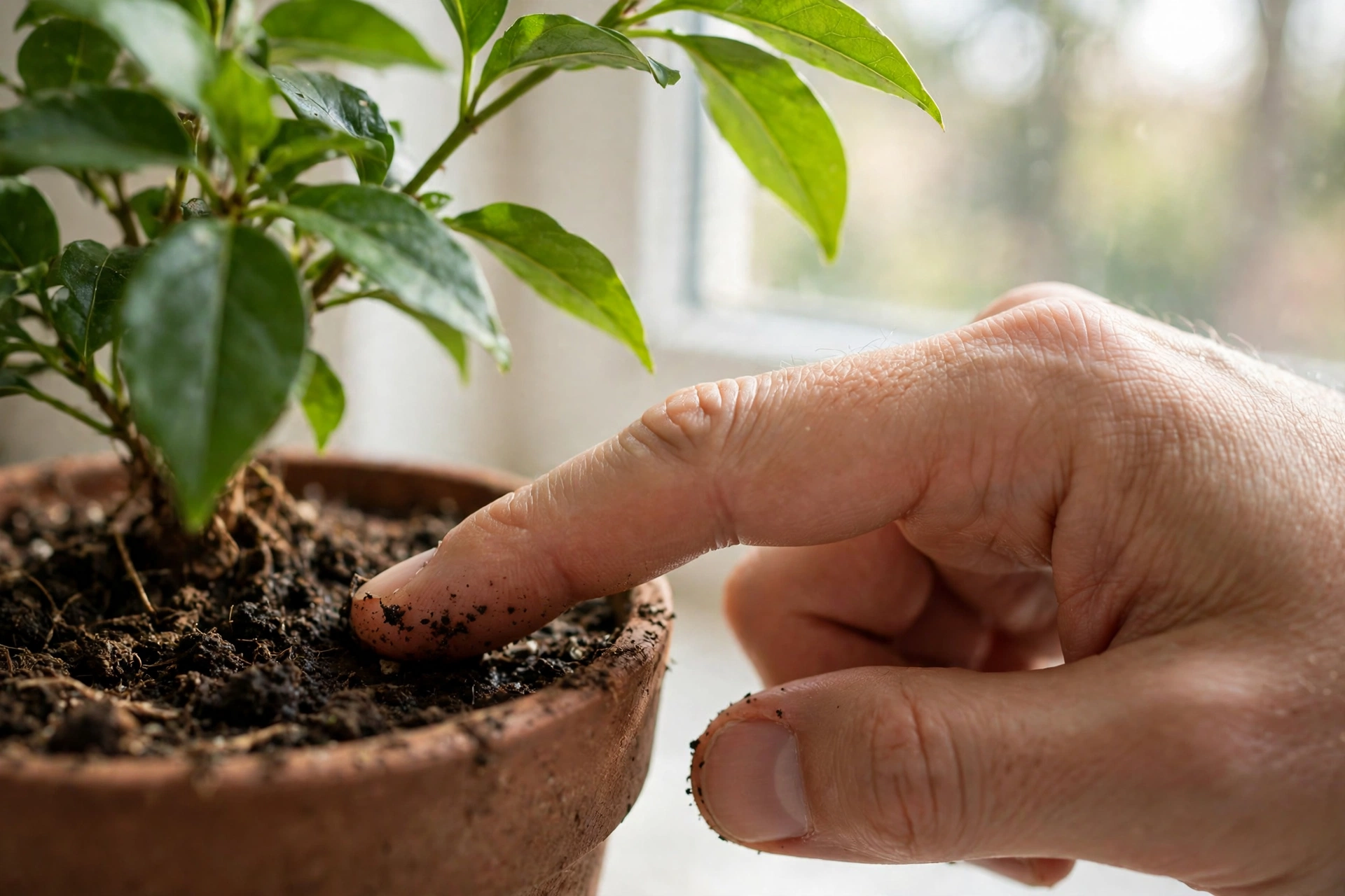 Người mới tưới cây cảnh trong nhà và kiểm tra độ ẩm đất