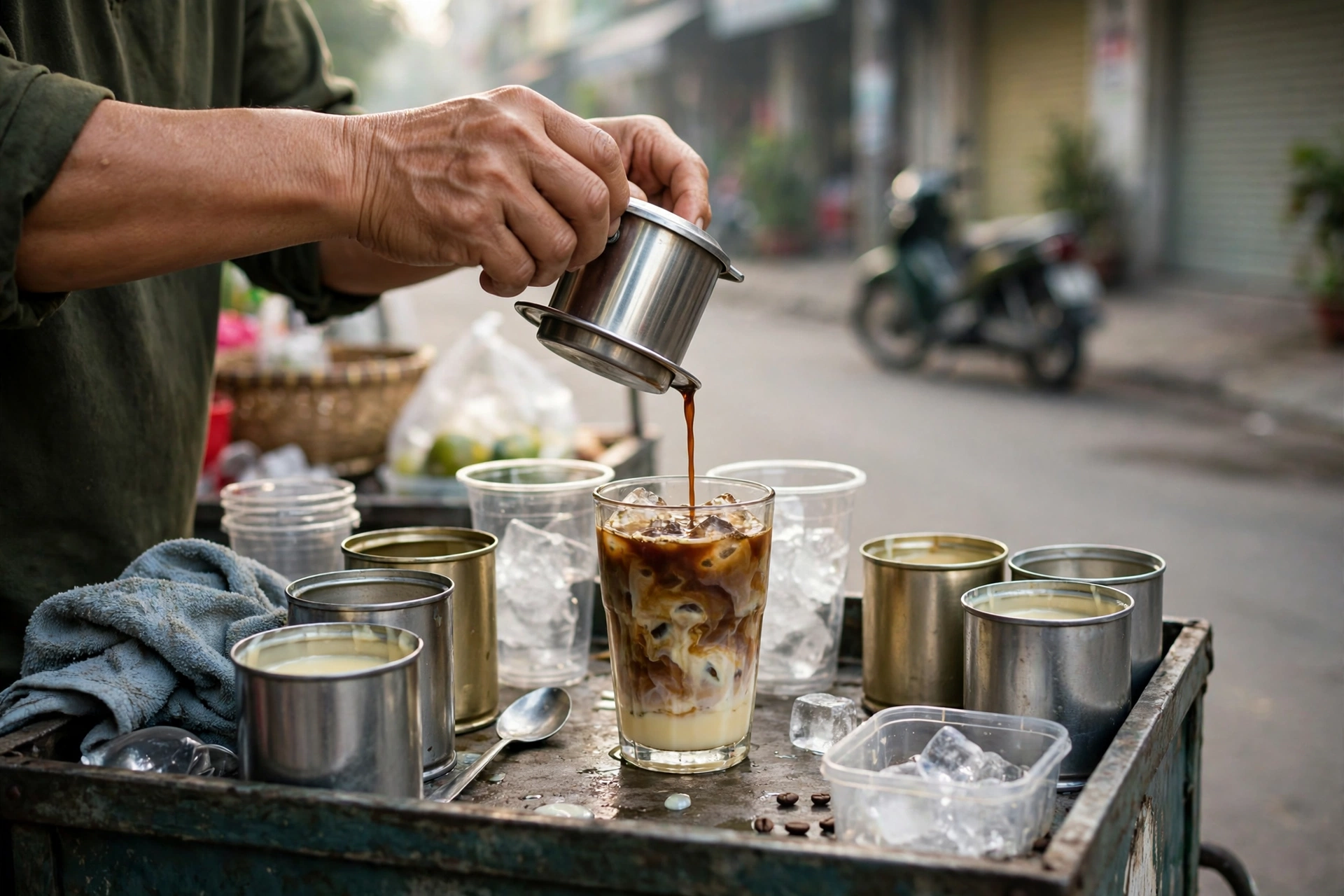 Người bán xe đẩy cà phê pha cà phê sữa đá cho khách buổi sáng