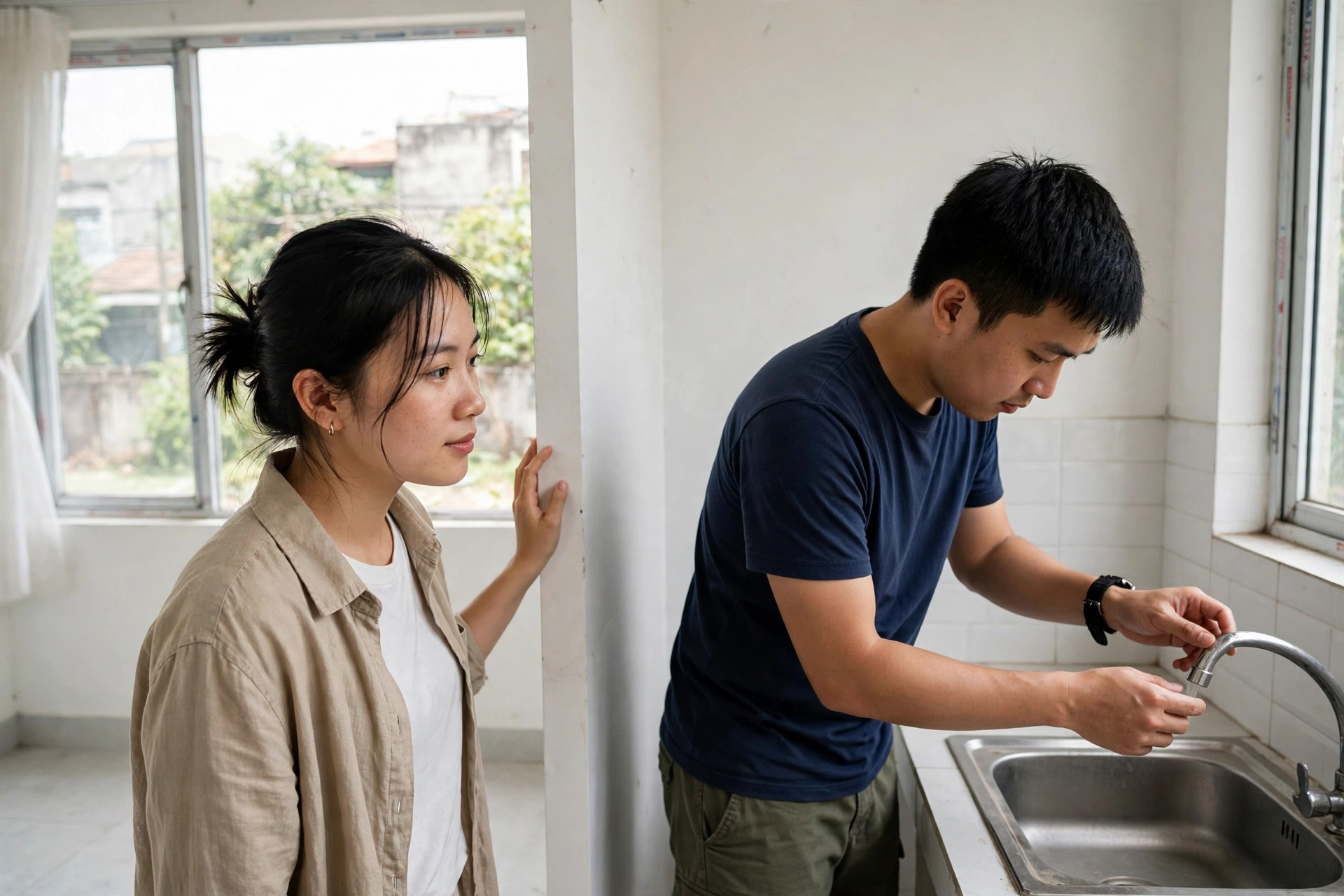 Vợ chồng trẻ kiểm tra vòi nước và tường nhà trong căn nhà nguyên căn đang xem thuê