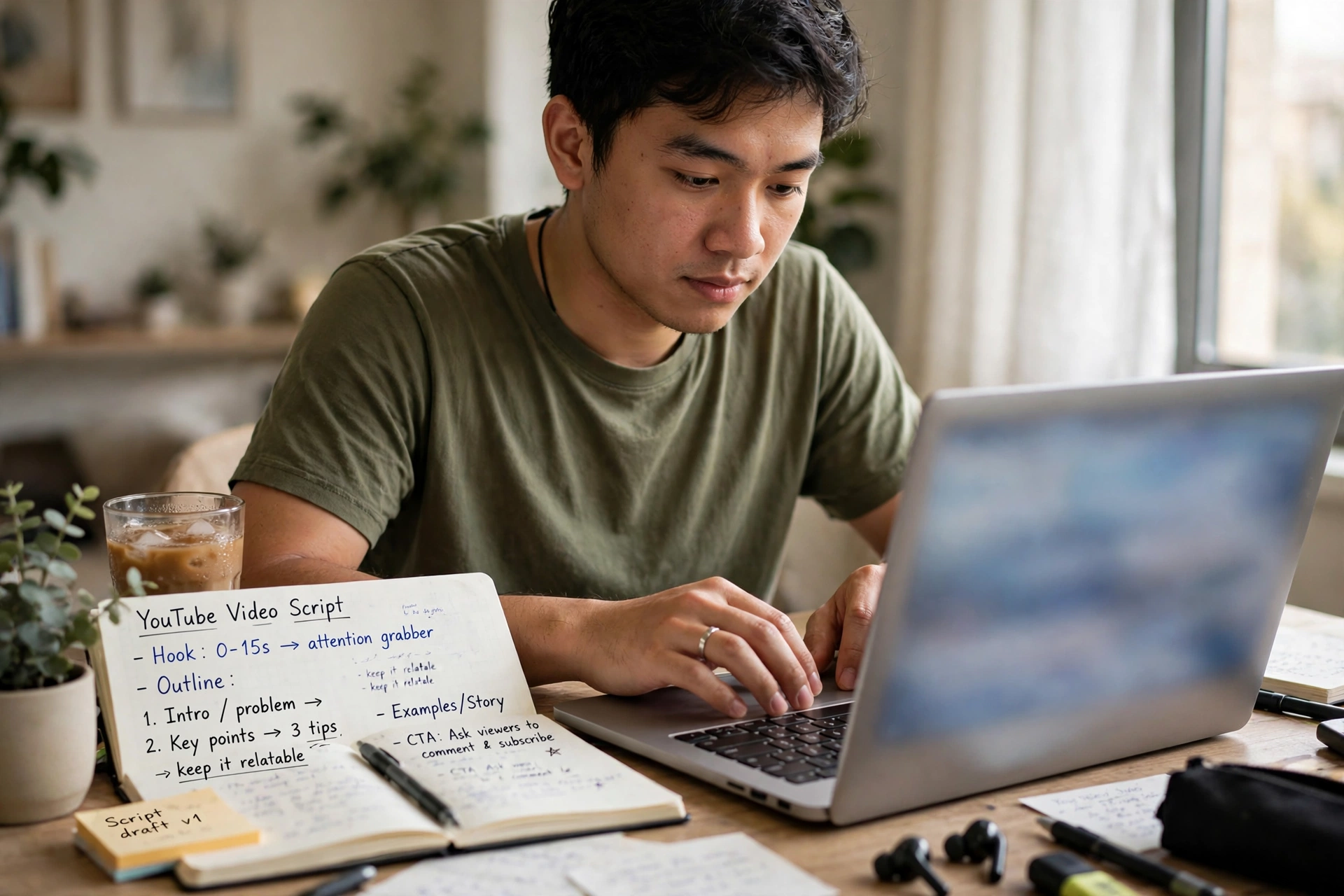 Ảnh minh họa: người Việt trẻ dùng laptop và sổ tay viết kịch bản video YouTube tại nhà