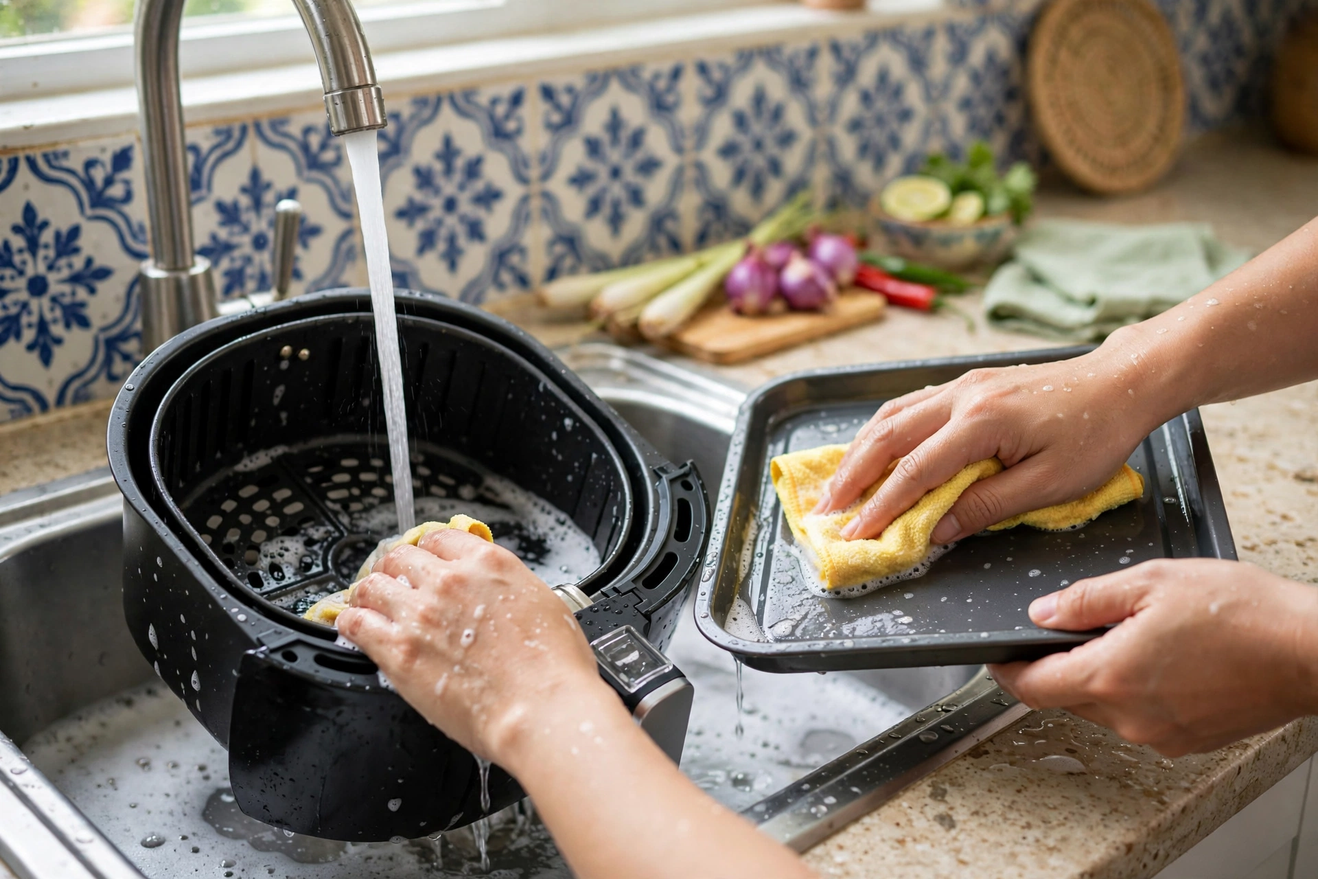 Tay người đang xếp thực phẩm vào khay nồi chiên không dầu trong bếp gia đình