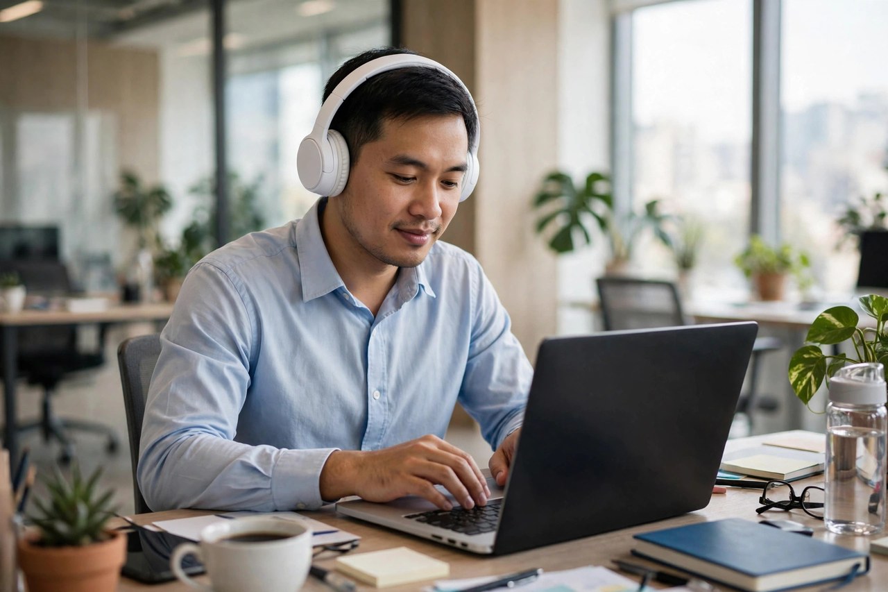 Nhân viên văn phòng đeo tai nghe chụp tai over-ear màu trắng khi làm việc trên laptop