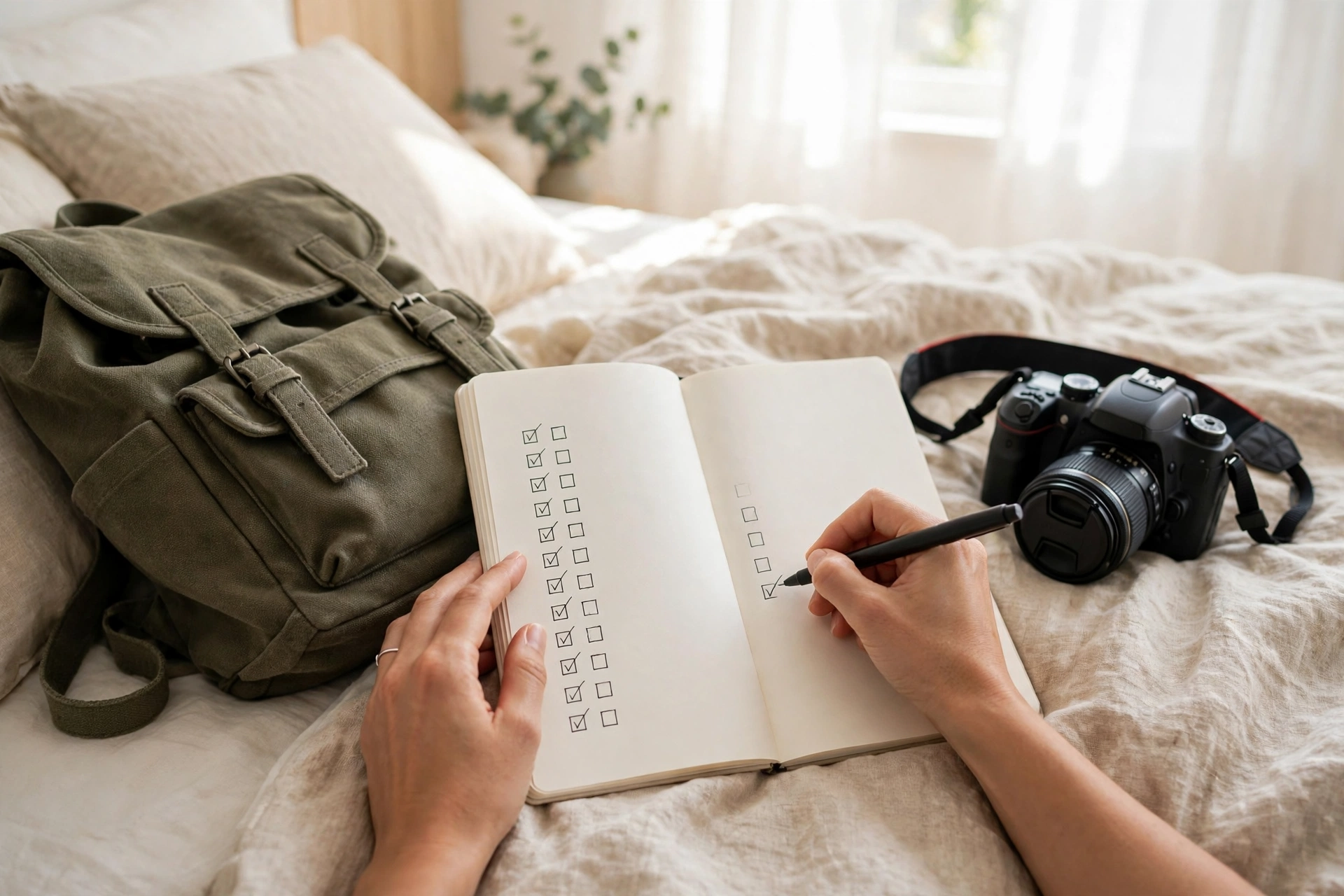 Ghi checklist chuẩn bị du lịch vào sổ tay bên cạnh balo và máy ảnh