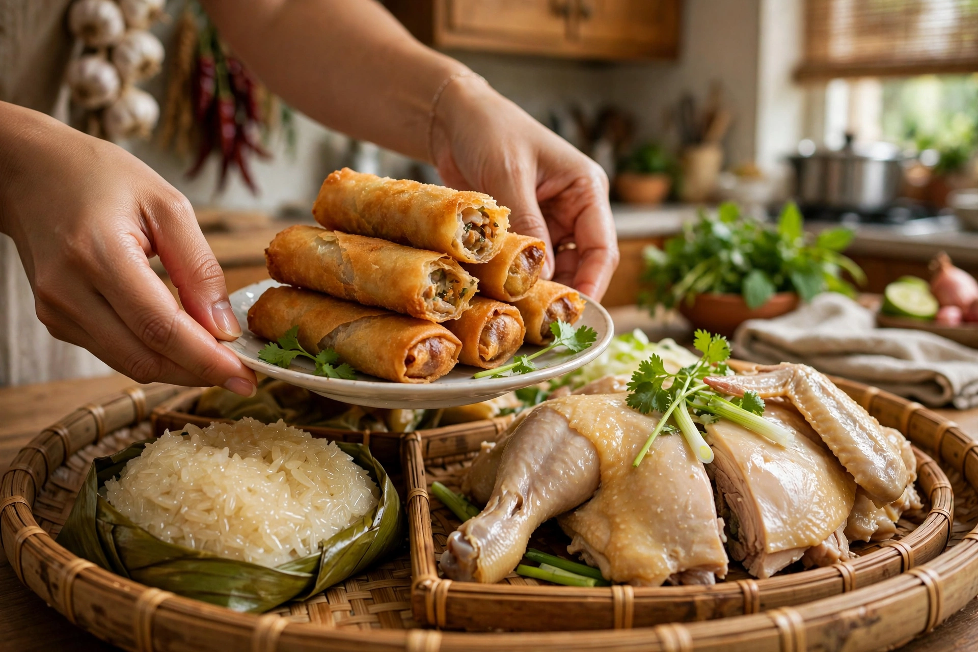 Ảnh minh họa: đôi tay đang xếp đĩa nem rán vàng giòn lên mâm cỗ bên cạnh gà luộc và xôi