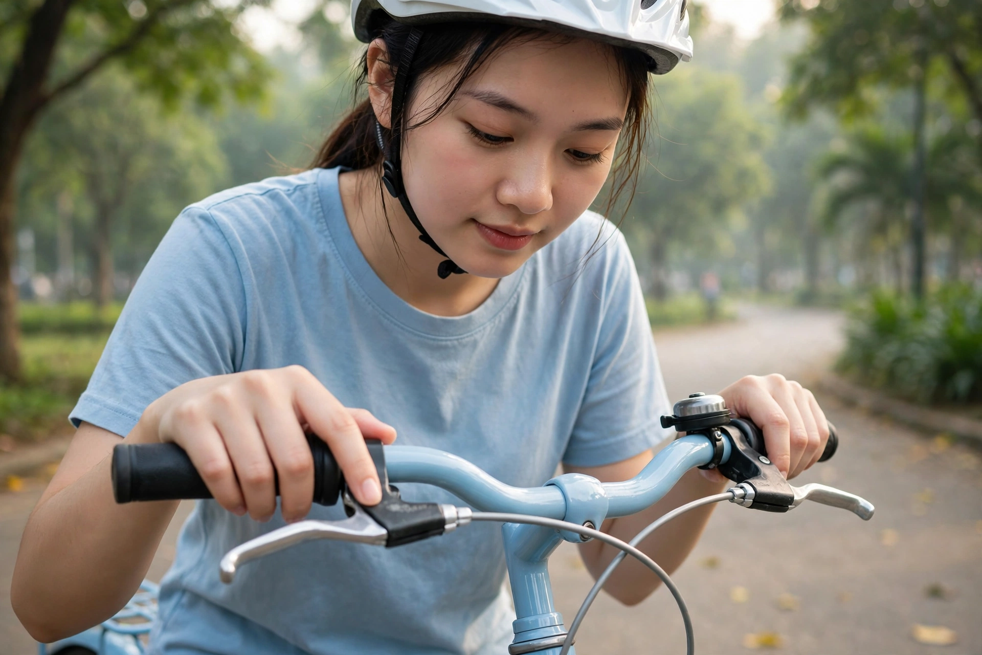 Người mới đạp xe kiểm tra tay lái và phanh xe trước buổi đạp buổi sáng trong công viên