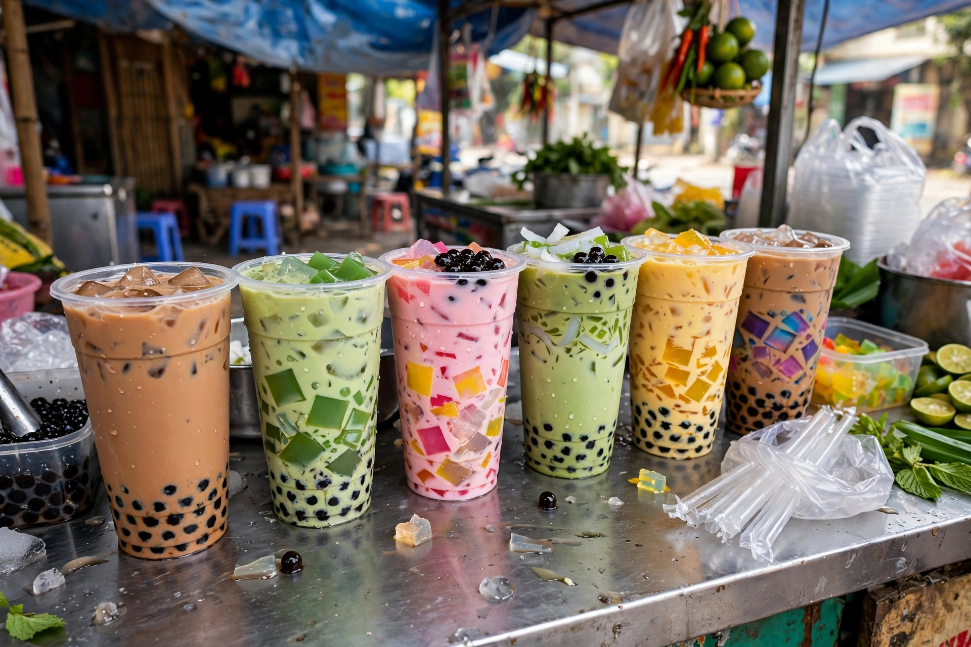 Các ly trà sữa topping đa dạng tại quầy