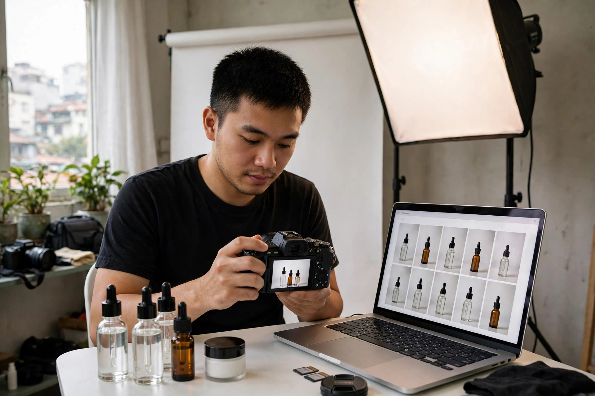 Nhiếp ảnh gia xem lại ảnh sản phẩm trên màn hình máy ảnh và laptop, các chai mỹ phẩm đặt trên bàn bên cạnh