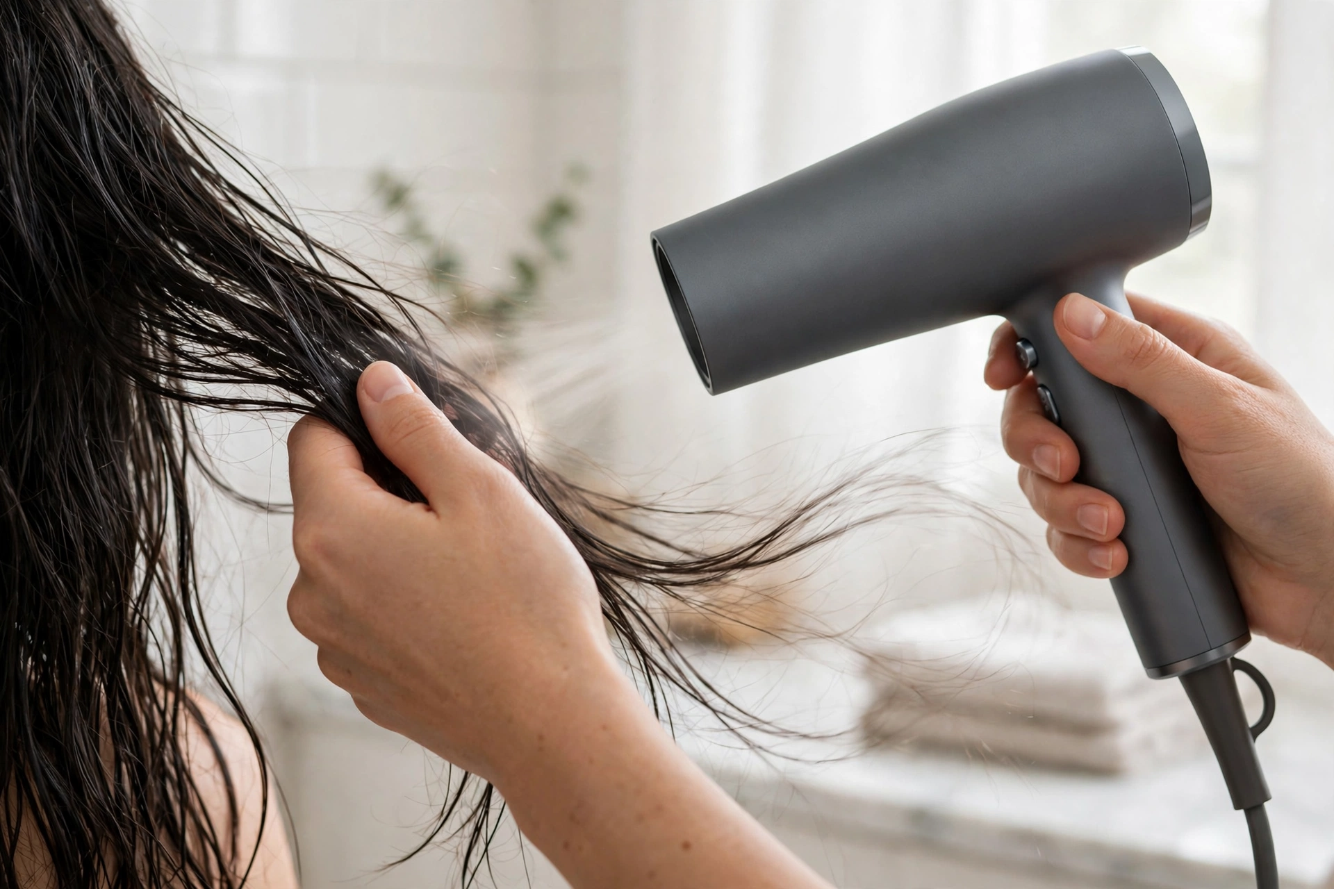 Cận cảnh tay cầm máy sấy tóc sấy một lọn tóc dài trong phòng tắm sáng