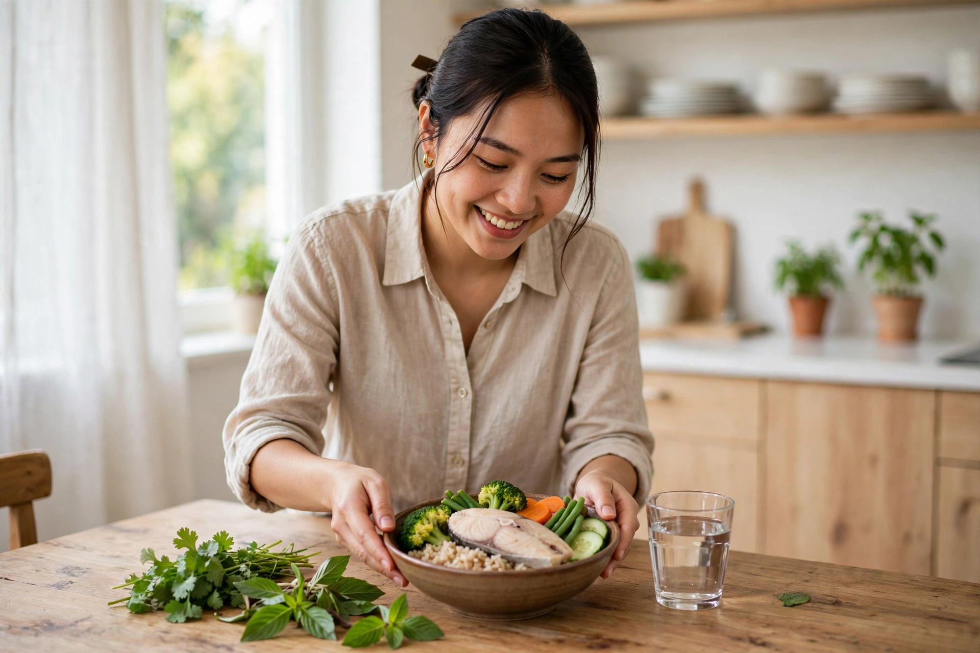 Người phụ nữ Việt chuẩn bị bữa ăn giảm cân tại bếp nhà