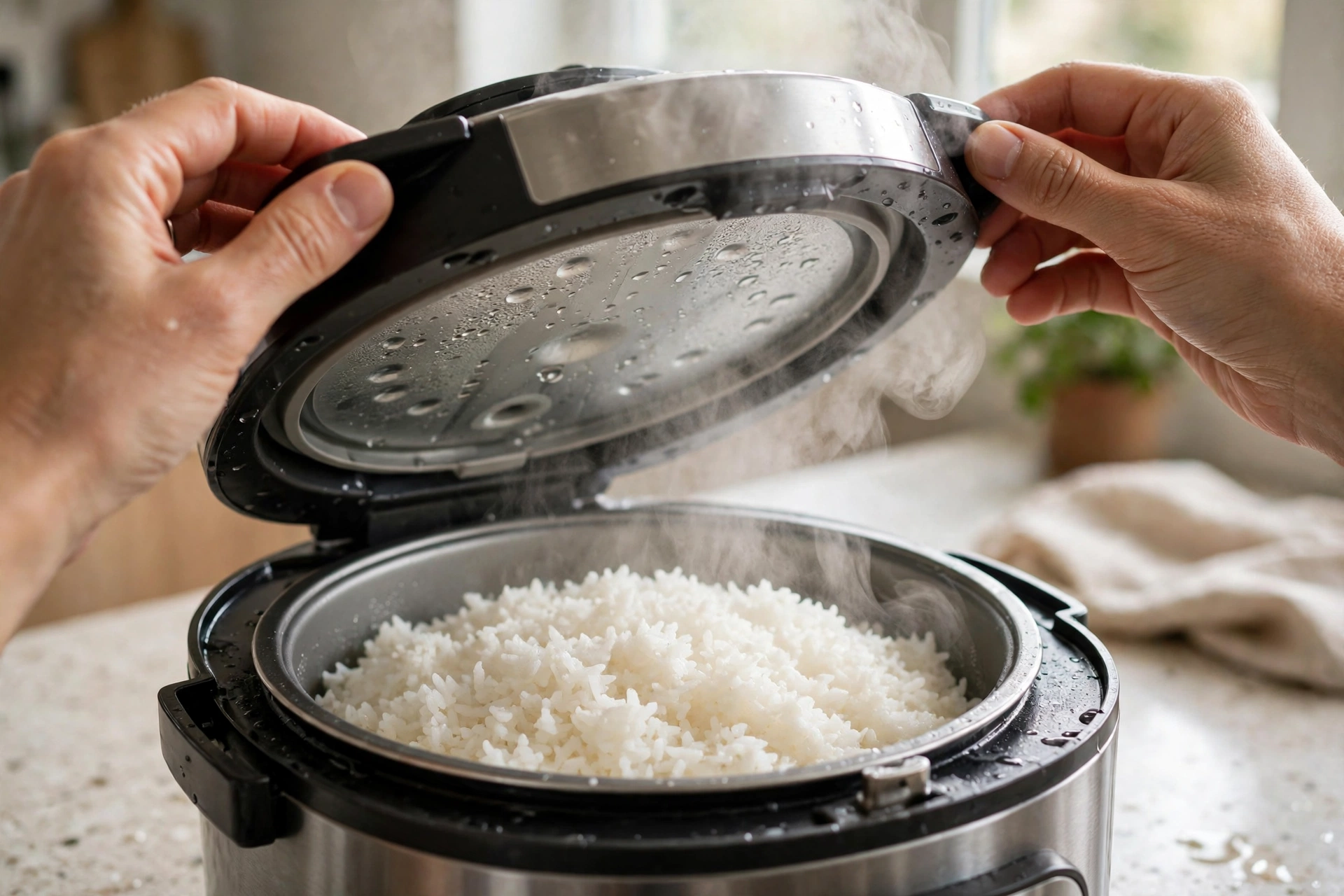 Mở nắp nồi cơm điện với cơm nóng hổi