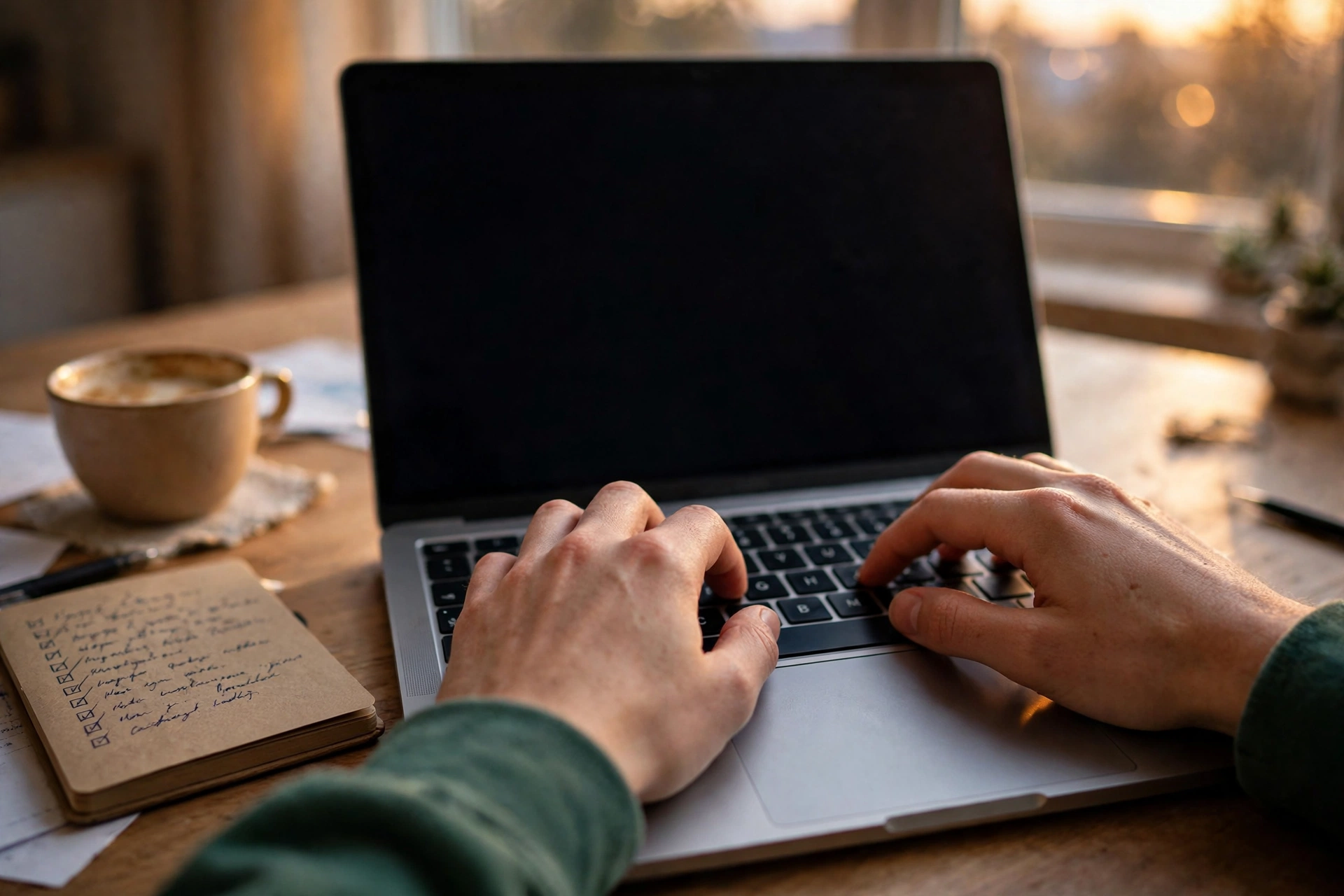 Đôi tay gõ email cảm ơn trên laptop, bên cạnh sổ ghi chú và tách cà phê buổi tối