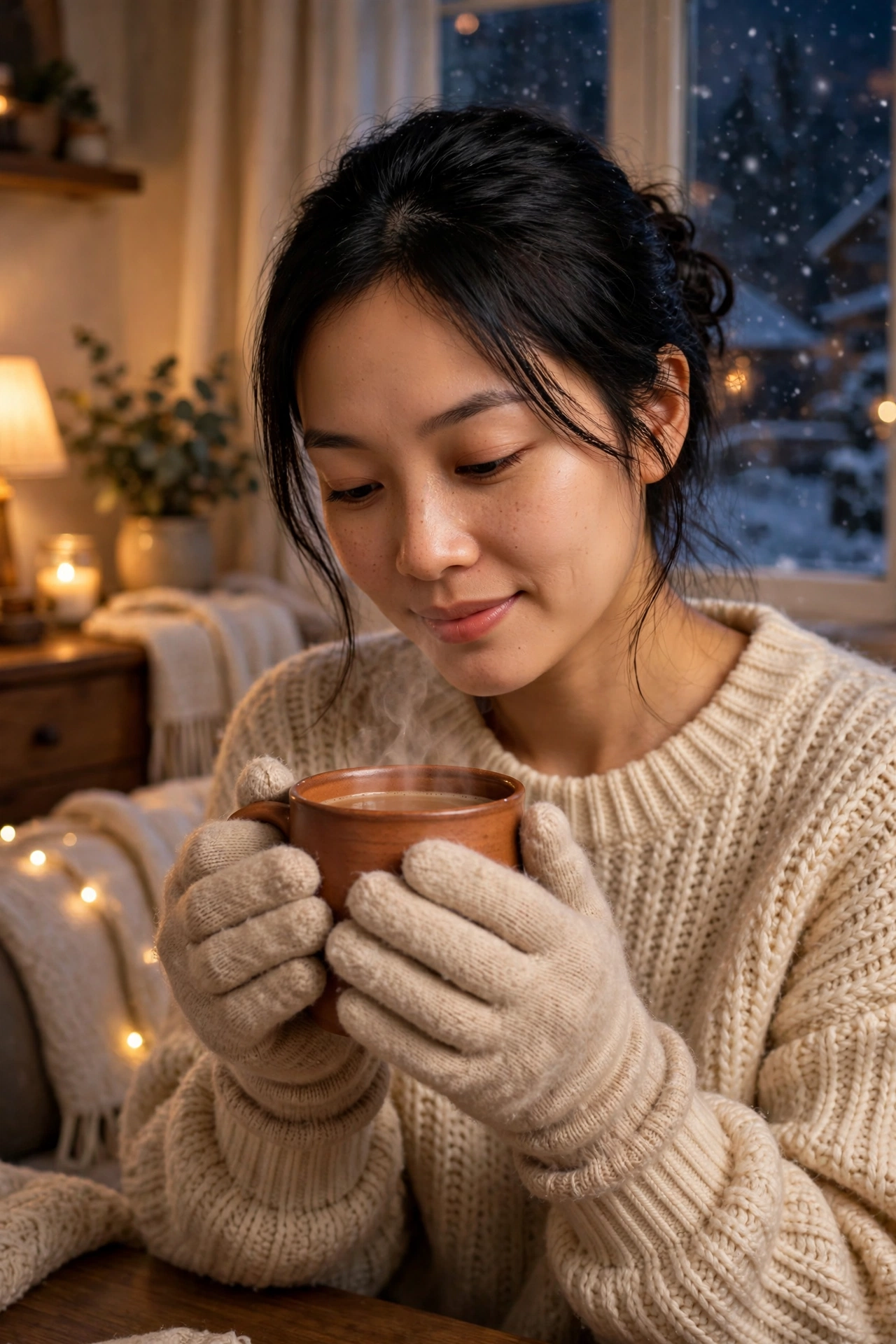 Người phụ nữ đeo găng tay len ấm ôm cốc nước nóng trong nhà vào buổi tối mùa lạnh