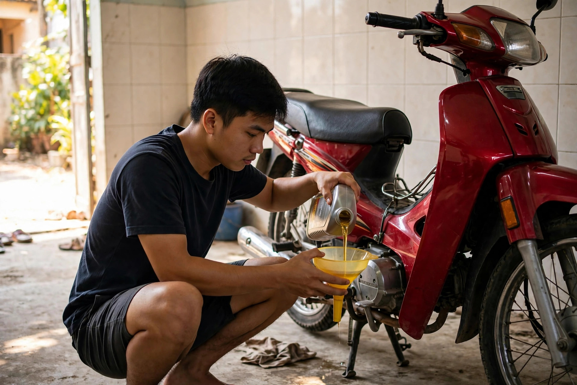 Ảnh minh họa: tự thay dầu nhớt xe máy tại nhà