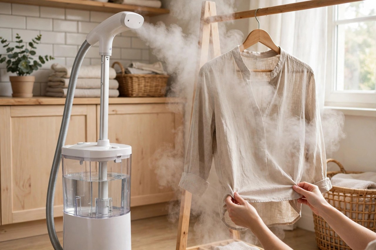 Bàn ủi hơi nước đứng với bình chứa nước lớn đang ủi áo sơ mi treo trên giá trong góc giặt ủi tại nhà