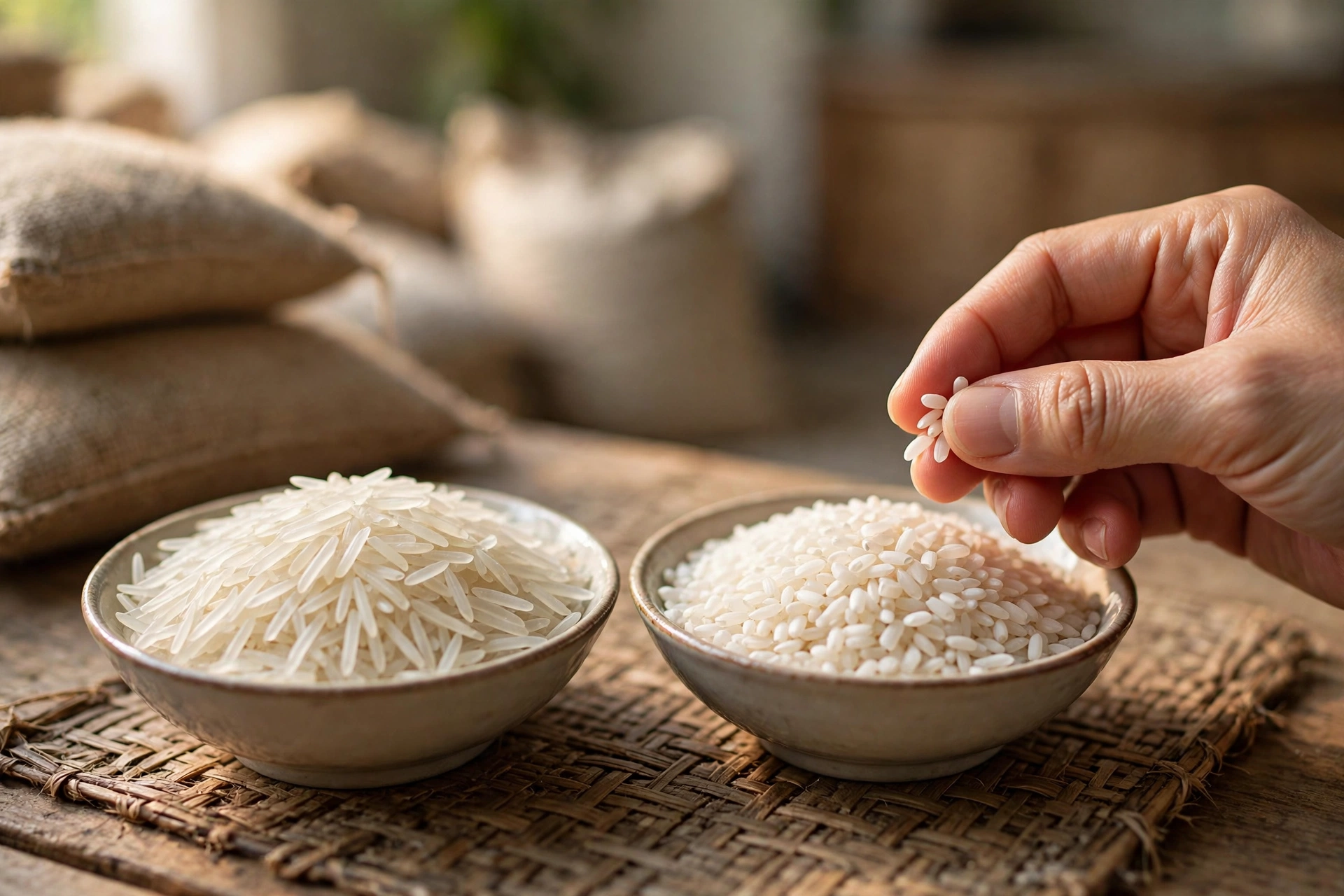 Hai bát gạo trắng đặt cạnh nhau, một bàn tay đang nhặt vài hạt gạo để so sánh