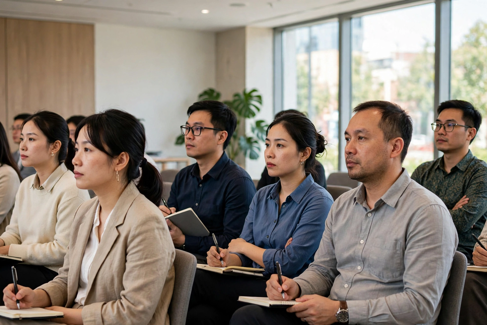 Khán giả là các nhân viên văn phòng chăm chú lắng nghe bài thuyết trình