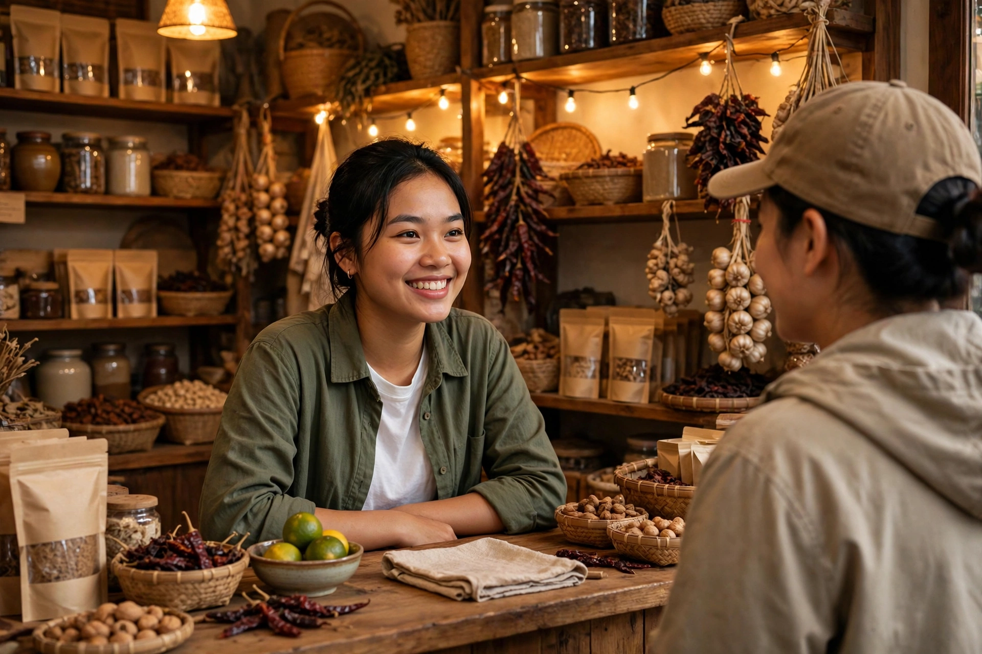 Chủ shop nhỏ tư vấn khách tại quầy hàng
