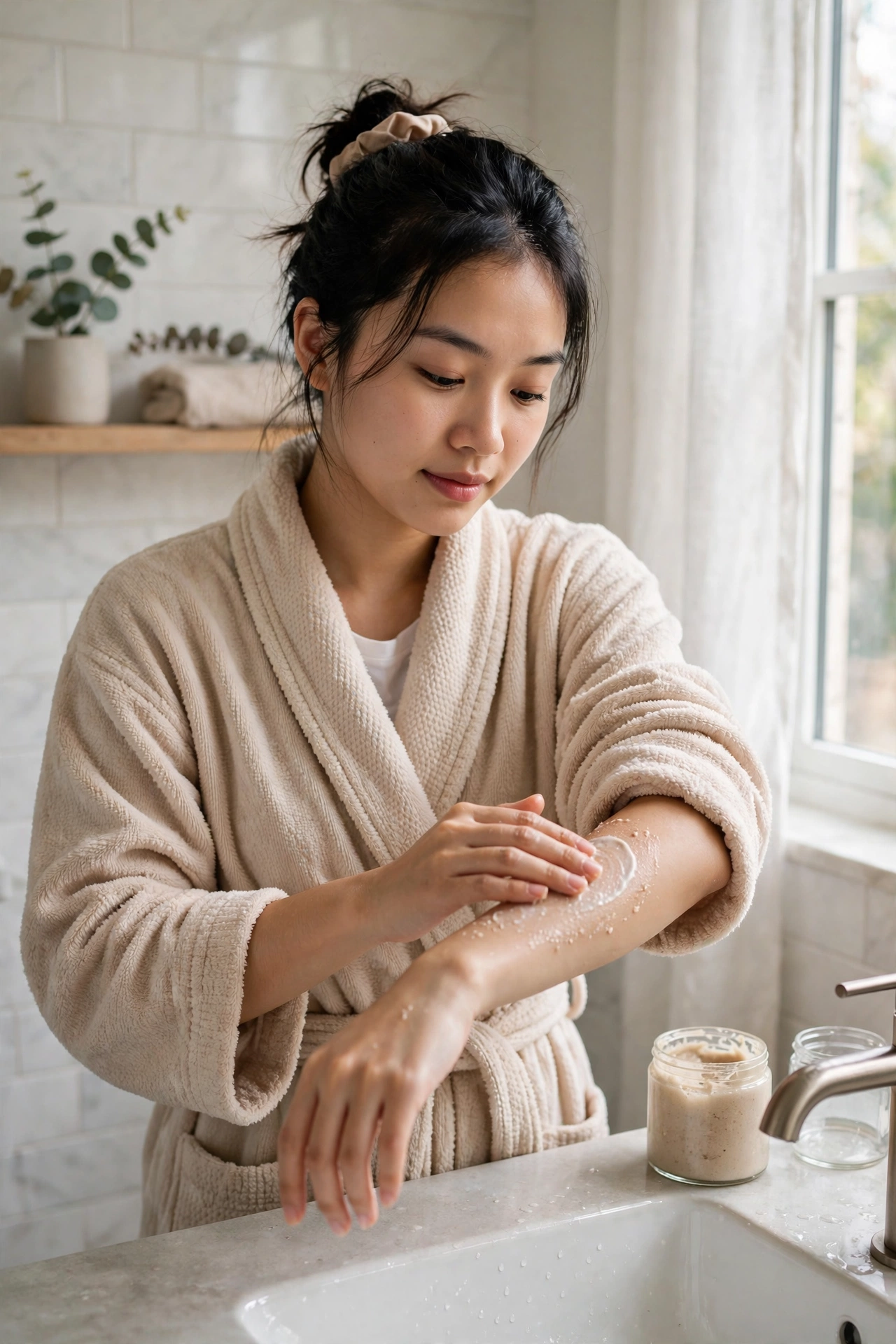Người phụ nữ thoa sản phẩm tẩy tế bào chết lên cẳng tay tại nhà trong phòng tắm sáng