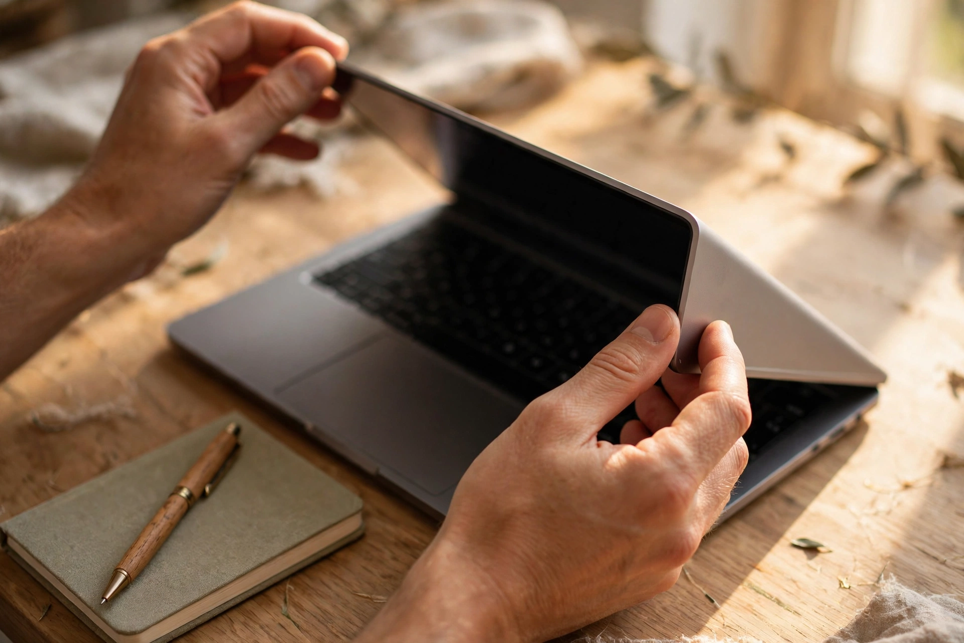 Chỉnh laptop và chuẩn bị sổ ghi chú trước phỏng vấn online
