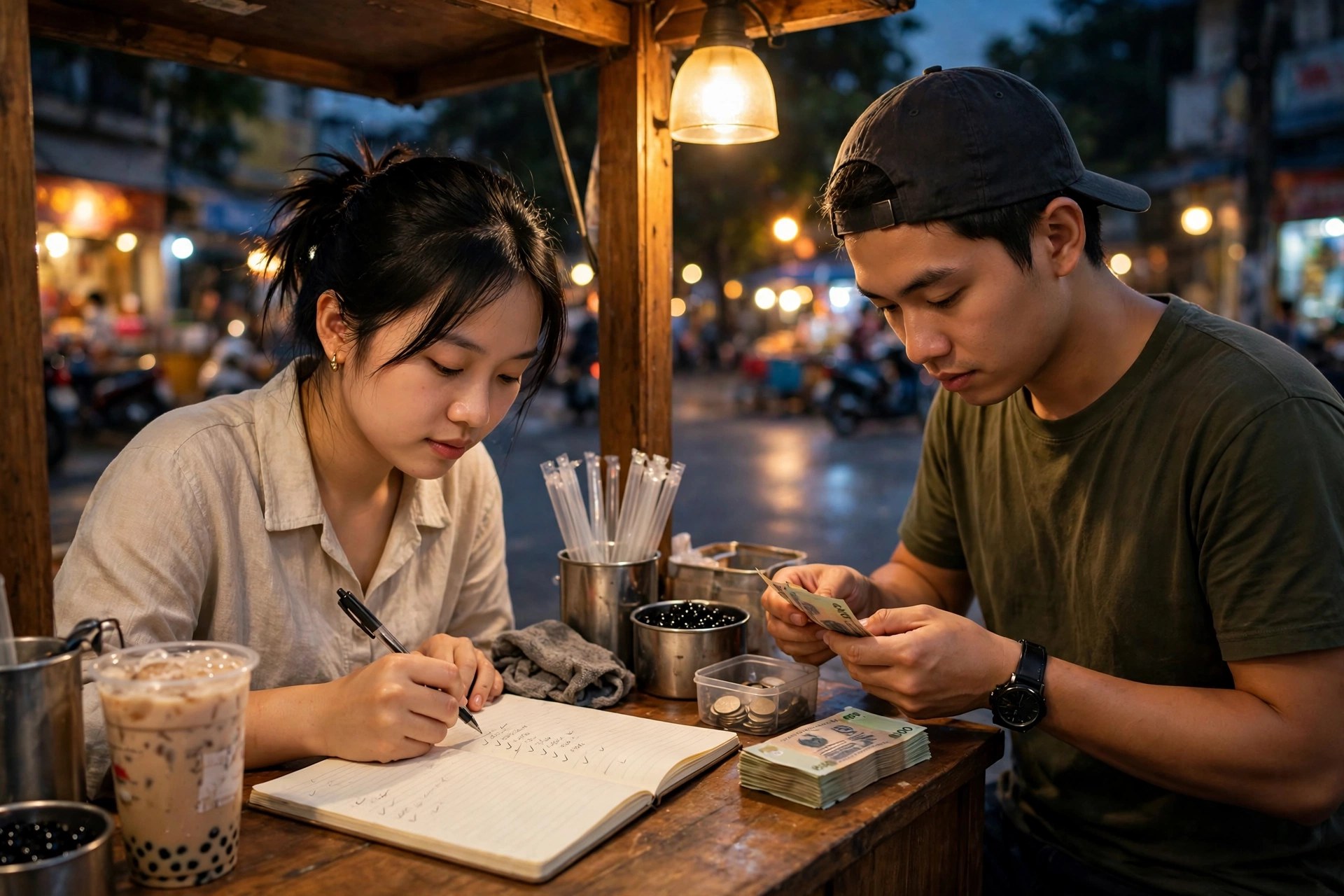Đôi vợ chồng trẻ đếm tiền và ghi chép sổ sách sau quầy trà sữa vào buổi tối