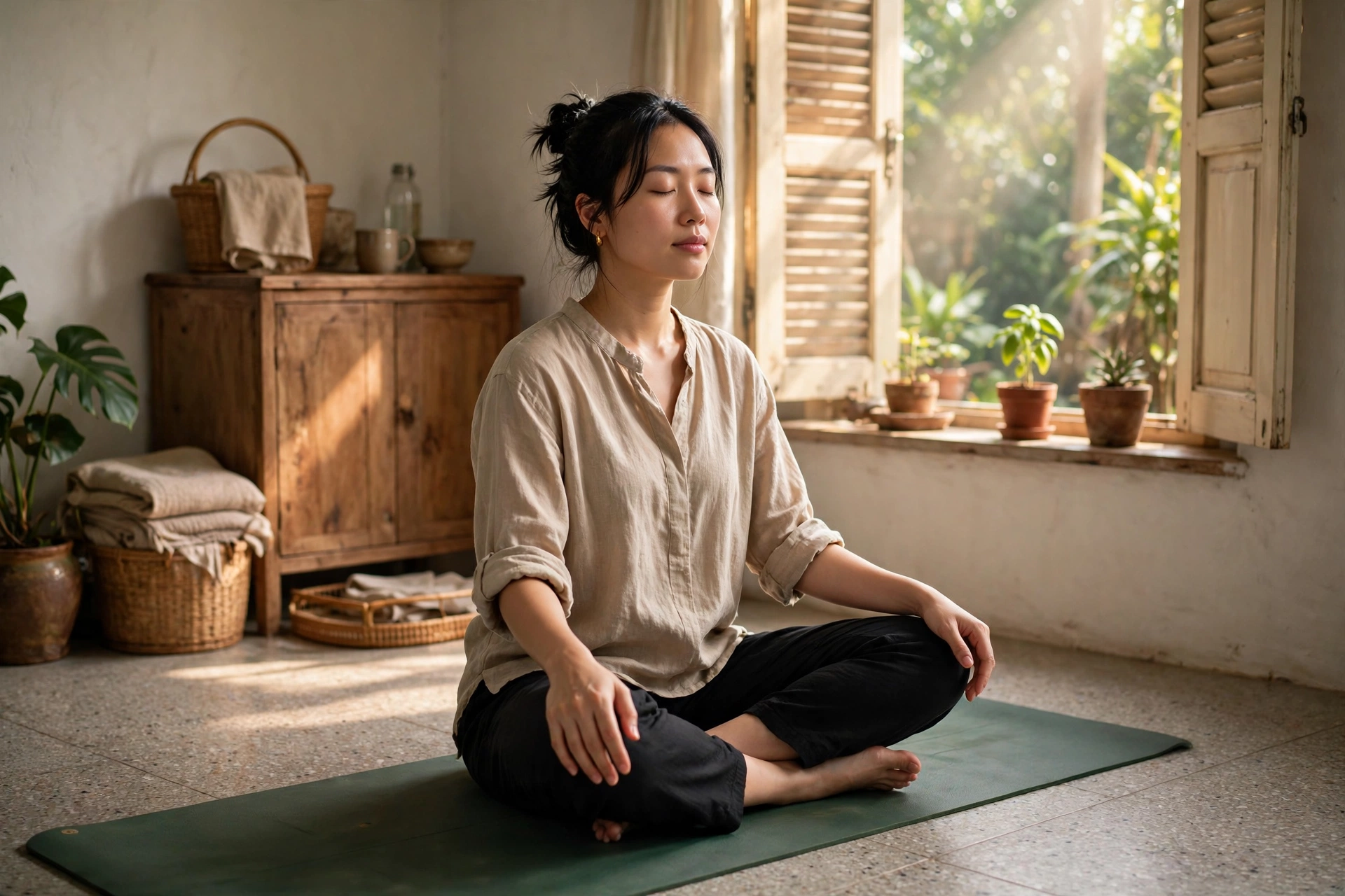 Người tập yoga buổi sáng ngồi thiền thở sâu trên thảm tại nhà