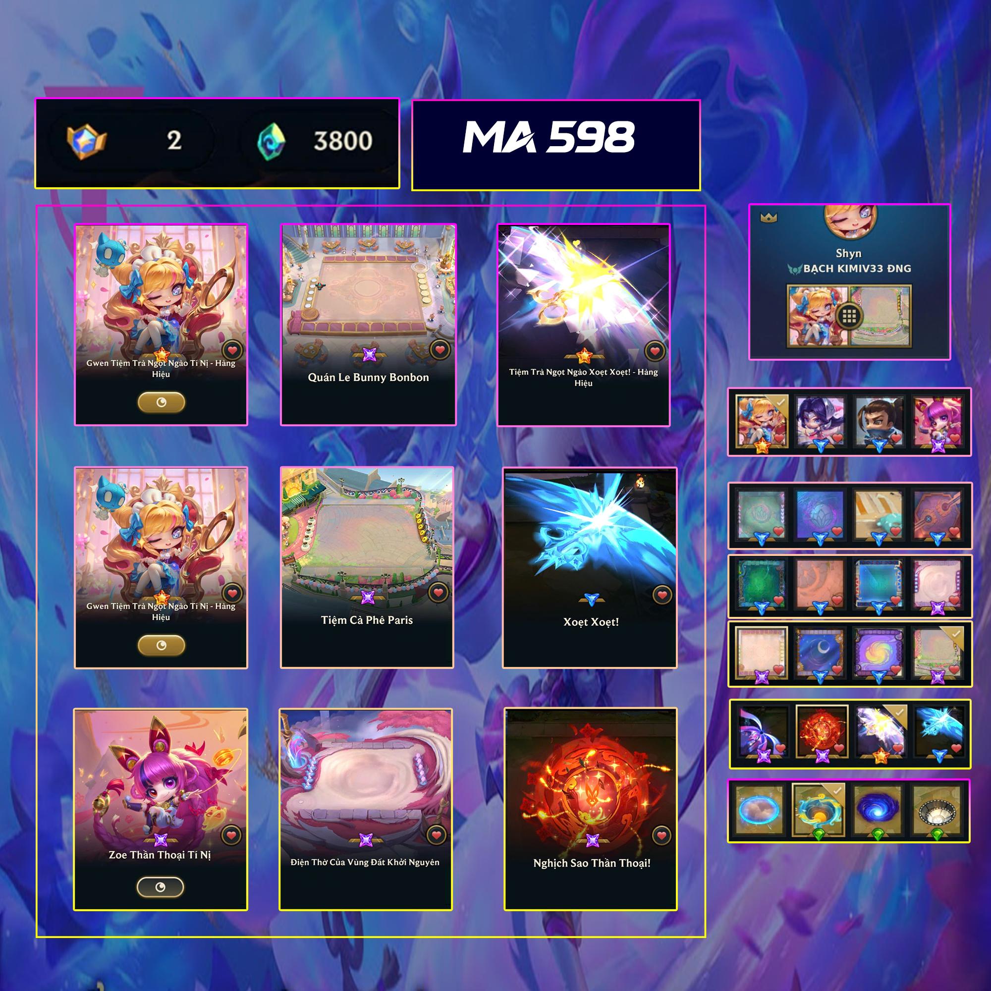 Thuê acc TFT MS: 598 KHÔNG RANK - Gwen Tiệm Trà Ngọt Ngào Hàng Hiệu