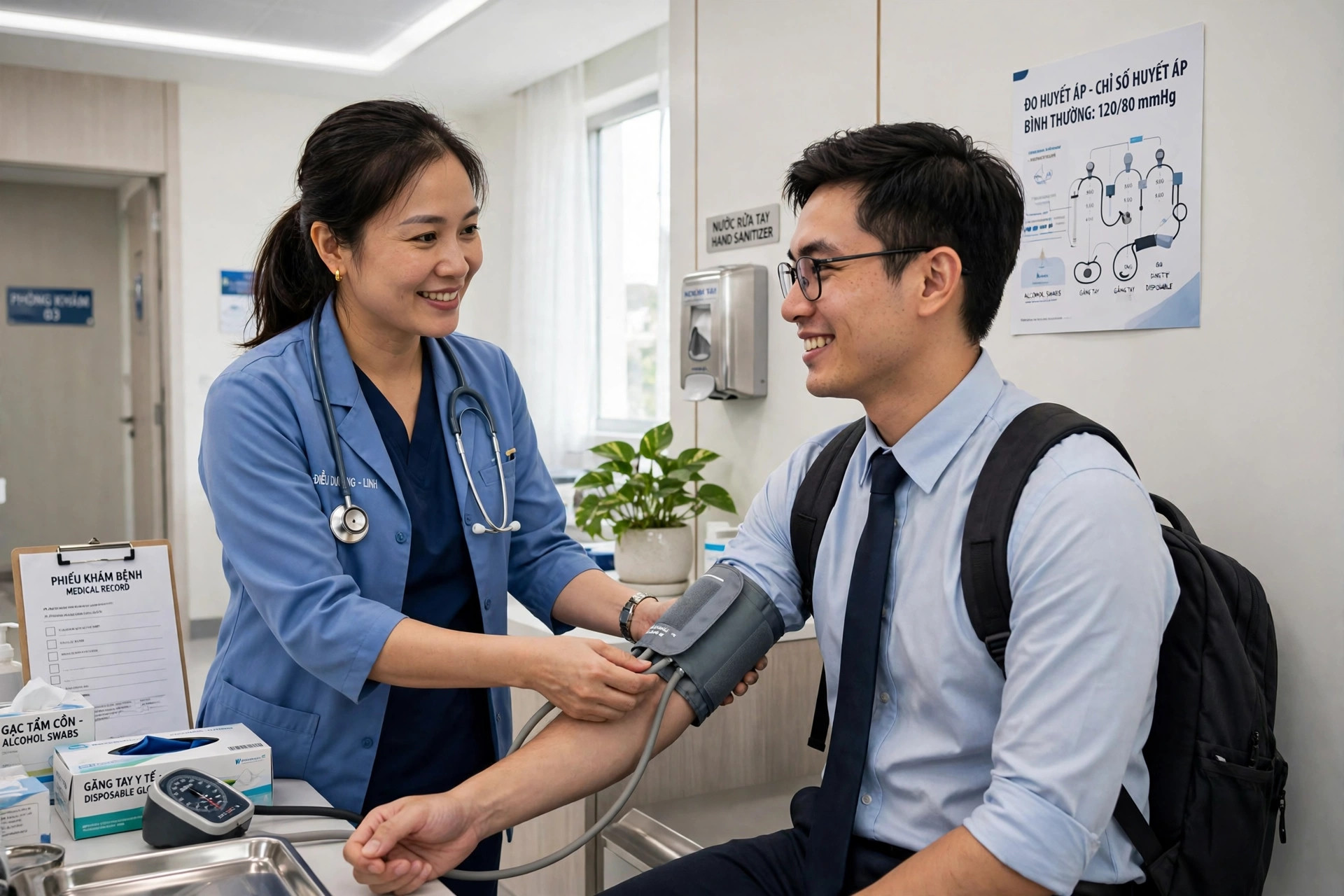 Điều dưỡng đo huyết áp cho người đi làm tại phòng khám